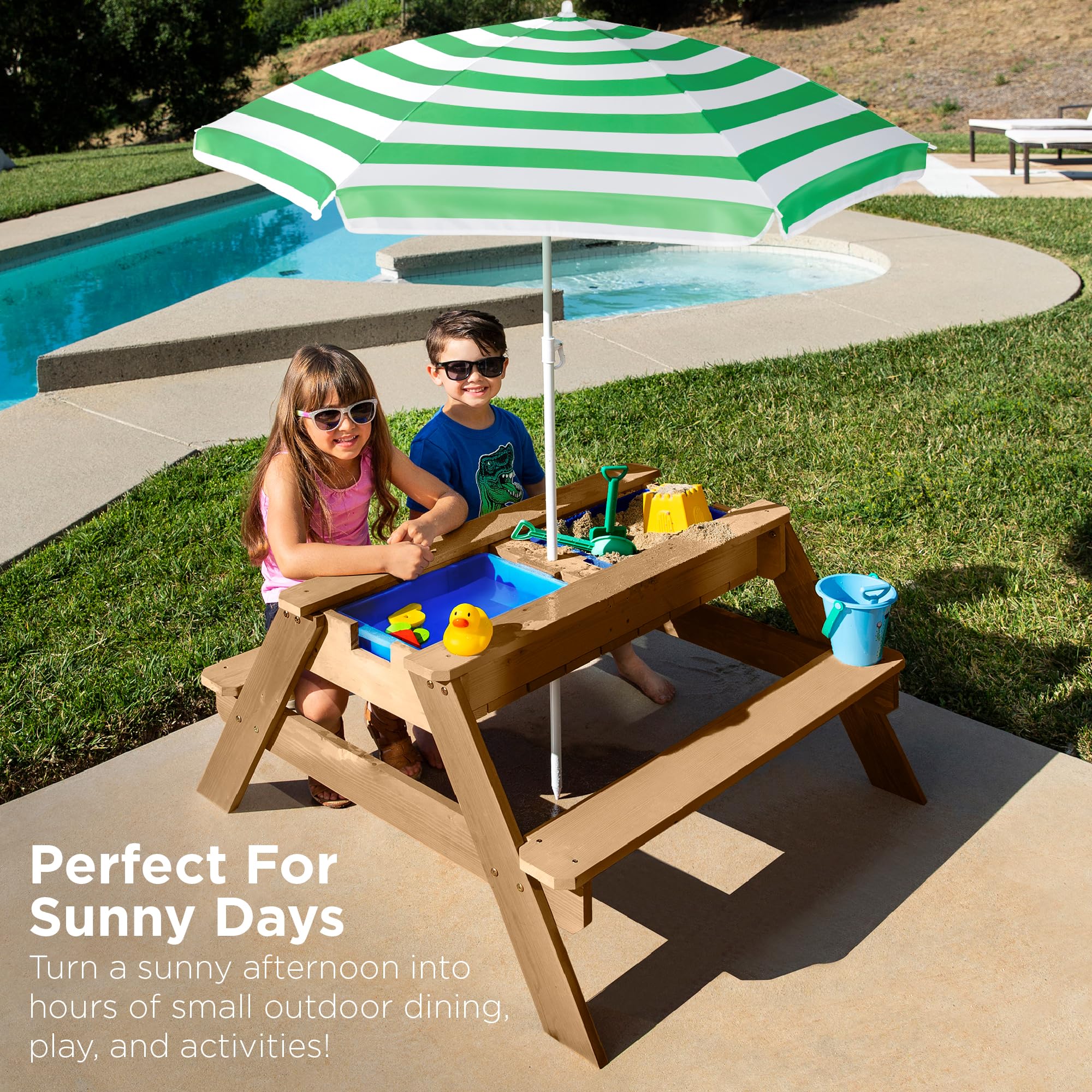 Best Choice Products Kids 3-in-1 Sand & Water Table - Outdoor Wooden Convertible Picnic Table with Umbrella, 2 Trays & Removable Top - 220lb Capacity Bench - Green | Perfect for Backyard Play, Beach Fun & Outdoor Dining