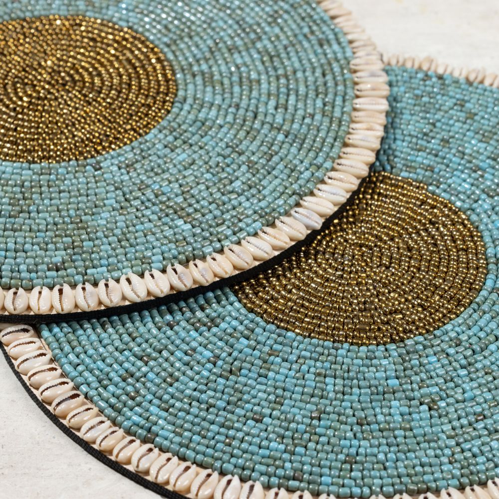 Premium Oceana Blue Gold Table Mats Set of 2 - Waterproof Placemats for Dining Table Decor, Elegant Table Setting for Dinner Parties & Home Decor