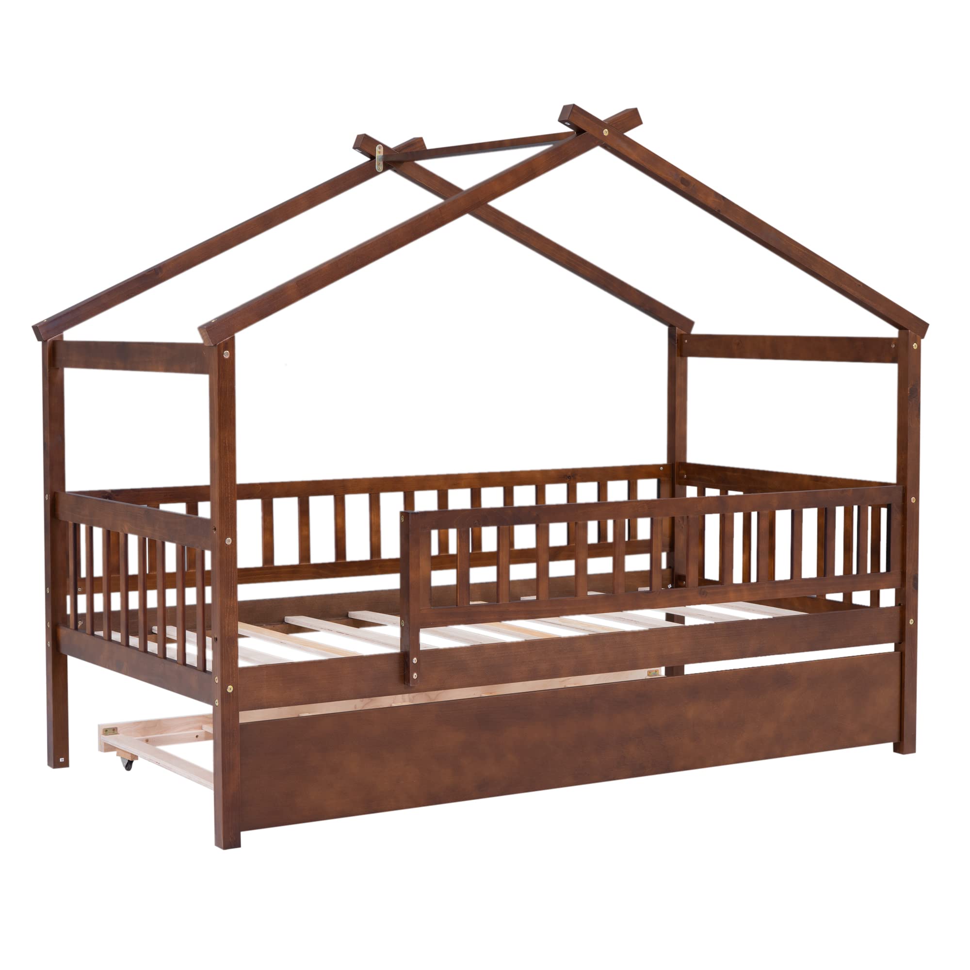 Montessori Twin Size House Bed with Trundle & Safety Railings - Wooden Playhouse Bed Frame for Kids, Girls & Boys (Walnut Finish) - Perfect for Bedrooms, Playrooms & Montessori Learning Spaces