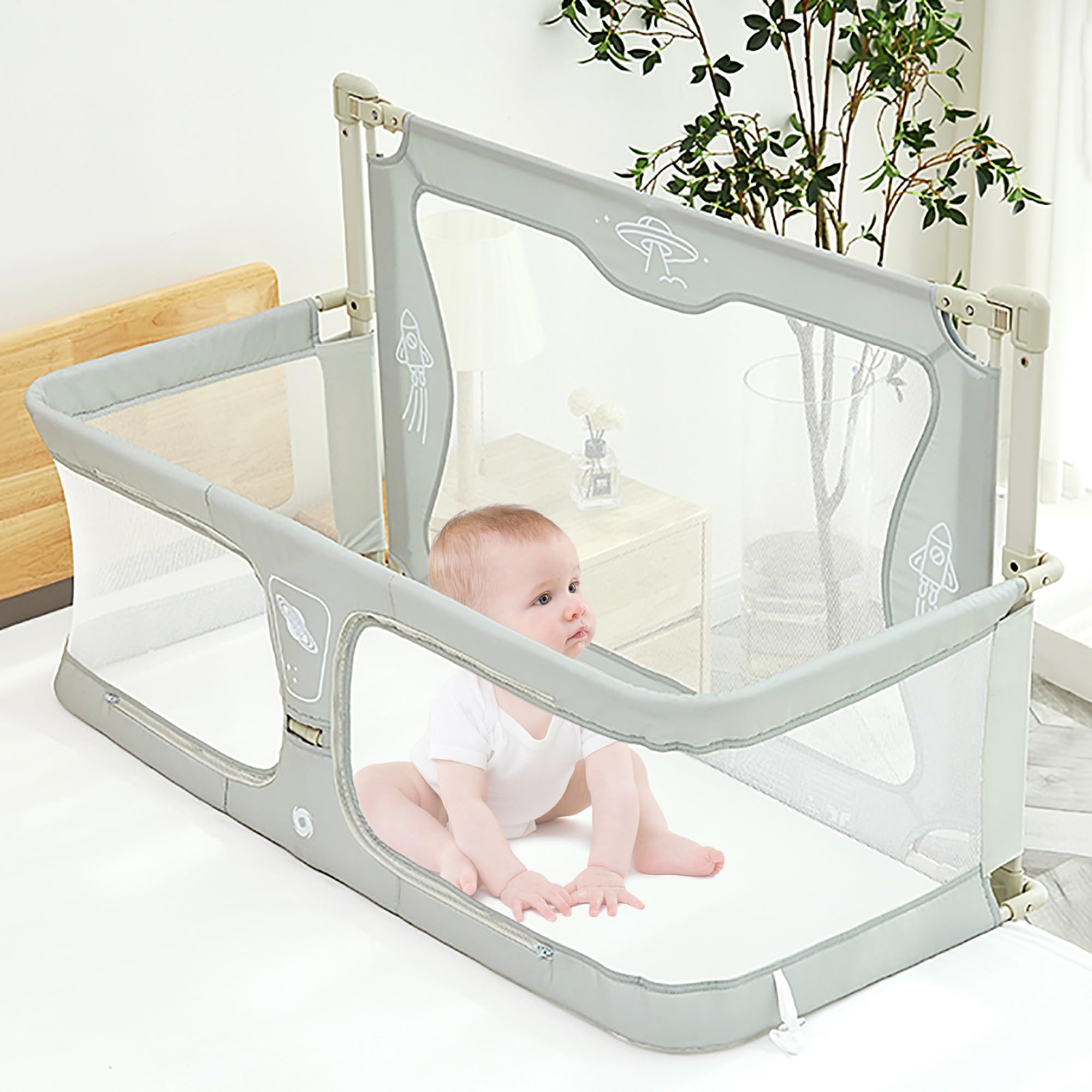 3 in 1 Baby Bedside Crib - Portable Co-Sleeping Crib 120x50cm, Adjustable Next to Me Crib with Soft Washable Liner & Sturdy Aluminum Frame, Easy Assembly for Newborns & Infants - Perfect for Safe Co-Sleeping, Nursery, Travel & Bedside Use