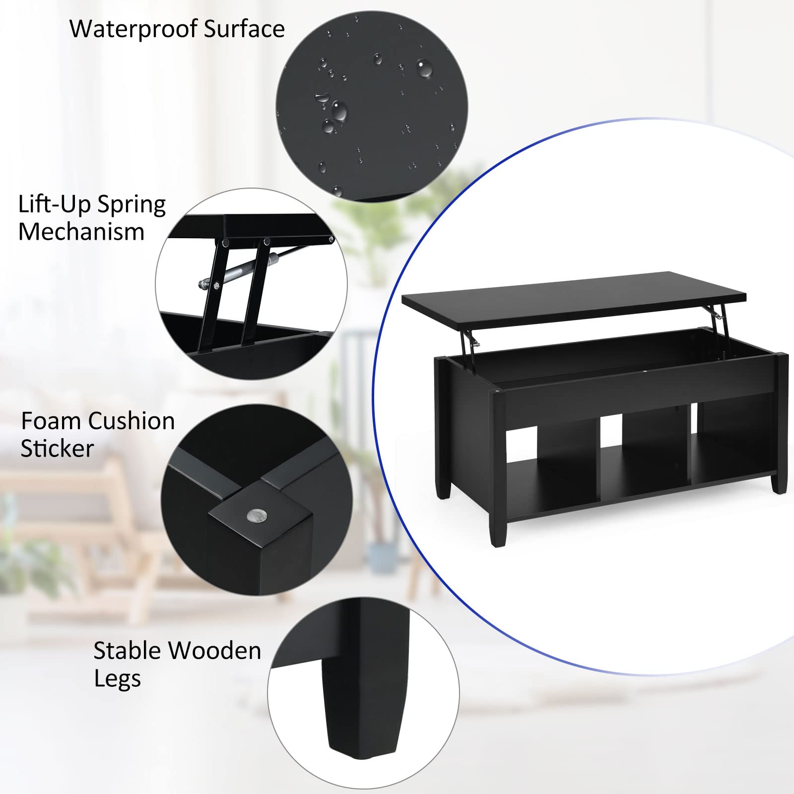 KOTEK Lift Top Coffee Table with Hidden Storage & Open Shelves - Modern Living Room Lift-Top Table with Compartment for Living Room, Office, Reception Area (Black) - Perfect for Small Space Organization & Stylish Home Decor