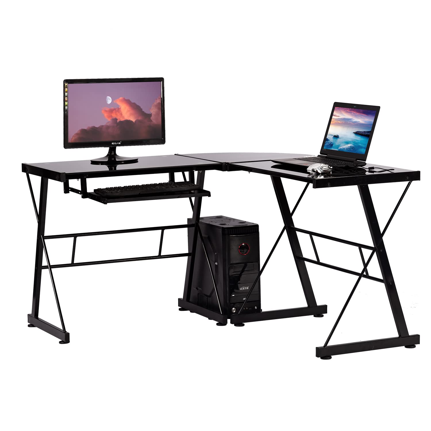 Black L-Shaped Corner Computer Desk with Tempered Glass Top - Home Office Gaming Workstation, Study Writing Table with Keyboard Tray & CPU Stand - Perfect for Small Spaces & Multi-Monitor Setups