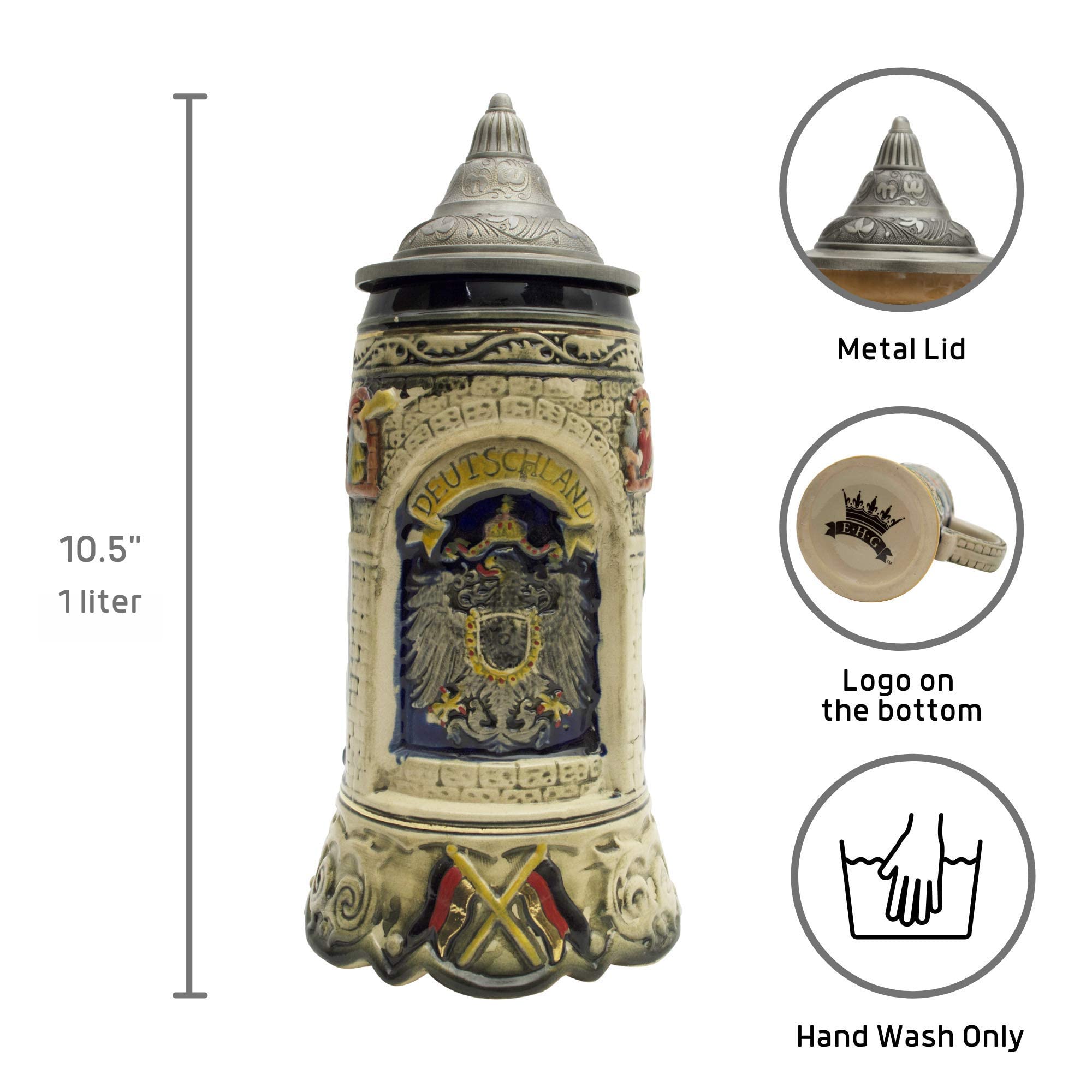 1 Liter German Beer Stein with Lid - Hand-Painted Oktoberfest Ceramic Mug Featuring Deutschland Scenes - Perfect Gift for Beer Lovers - Great for Oktoberfest Celebrations, Home Bars & Collectors