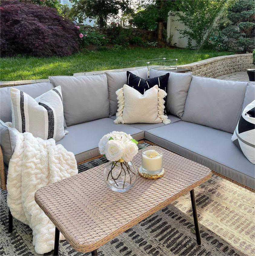 YITAHOME 4-Piece Patio Furniture Set, Outdoor Wicker L-Shaped Sectional Sofa with 5 Seats, Detachable Boho-Style Lounger with Thick Cushions & Side Table - Grey | Perfect for Backyard, Porch, Garden & Poolside Relaxation