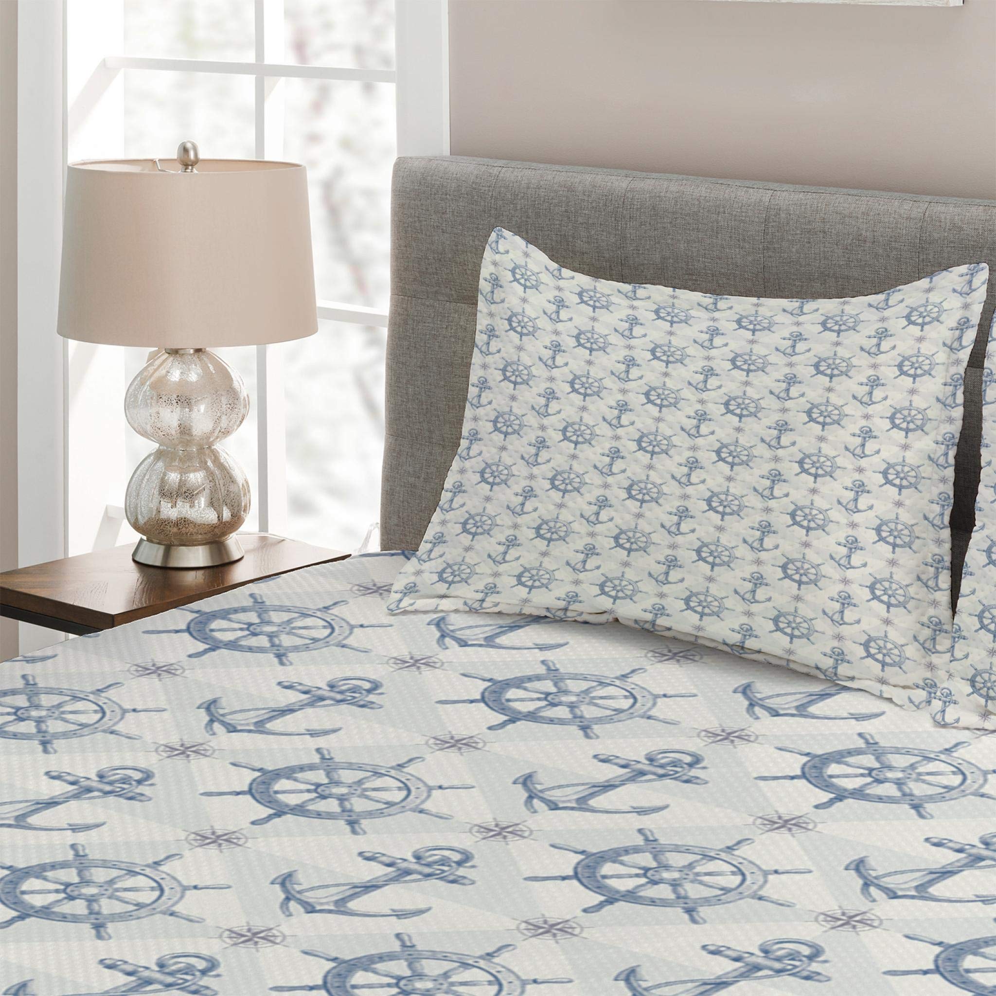 Lunarable Nautical Quilt Set - Hand Drawn Compass Anchor & Ship Wheel Design, 3-Piece Blue Pale Grey Bedspread with 2 Pillow Shams, Queen Size | Coastal Bedroom Decor, Beach House Bedding, Marine Theme Home Accessories