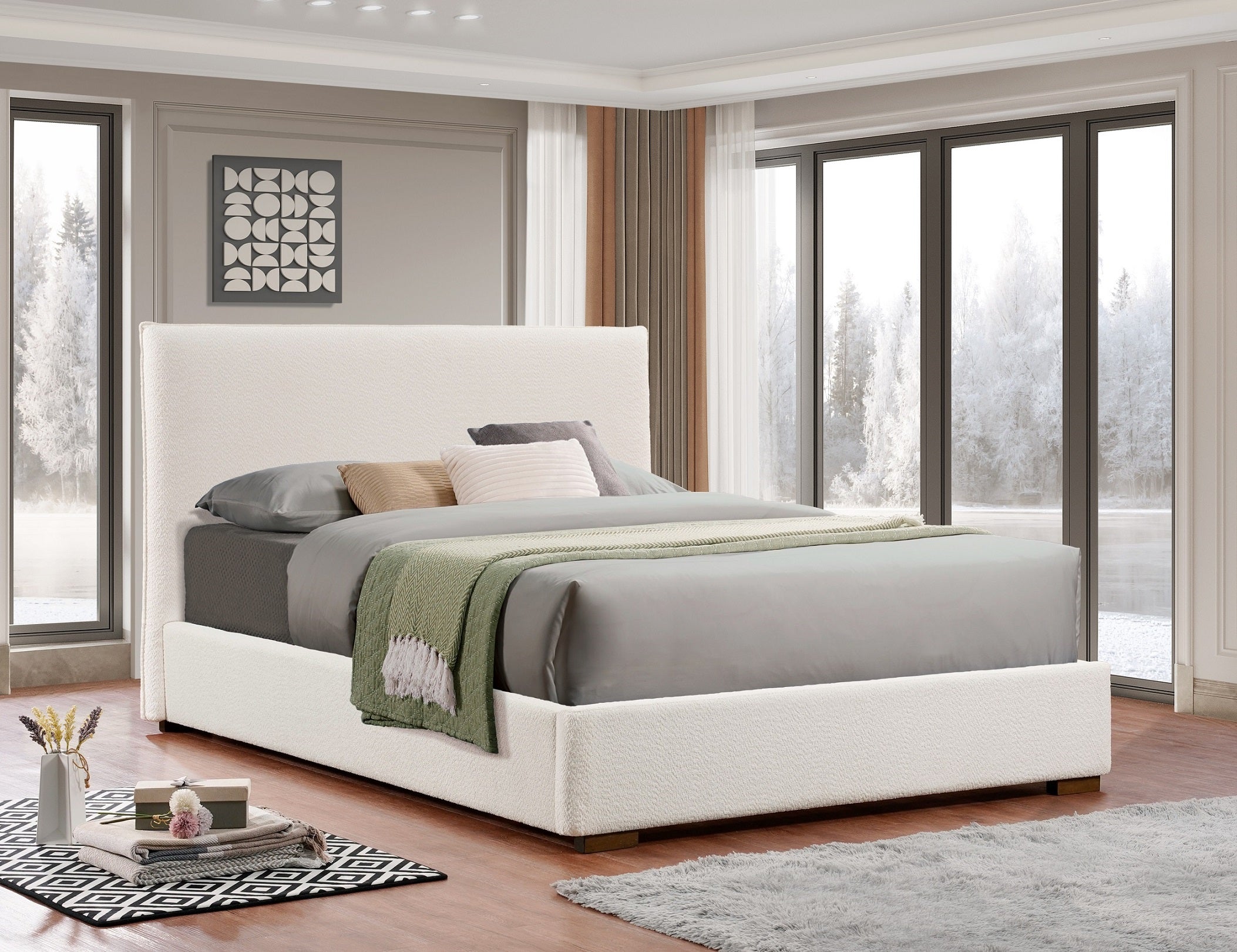 BoucleLux Modern Upholstered Platform Bed Frame - Queen Size Bed with Luxe Boucle Fabric Headboard - Perfect for Contemporary Bedrooms & Small Spaces