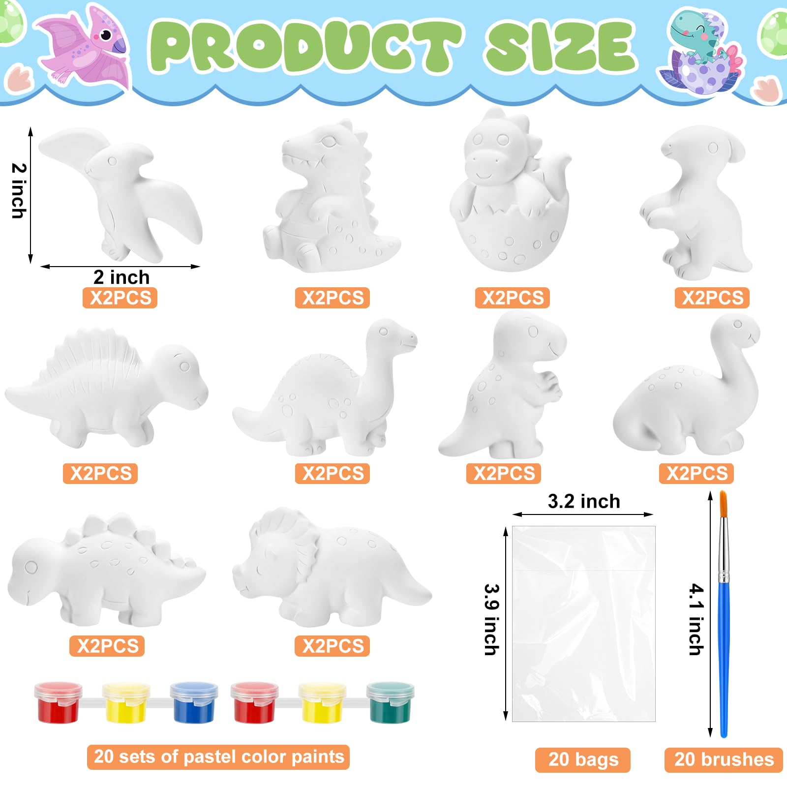 20-Piece Dinosaur DIY Painting Kit - Unpainted Ceramic Dinosaur Statues with Acrylic Paints & Brushes - Creative Arts & Crafts Activity for Kids, Boys, Girls & Adults - Perfect for Birthday Parties, Classroom Projects & Family Bonding Time