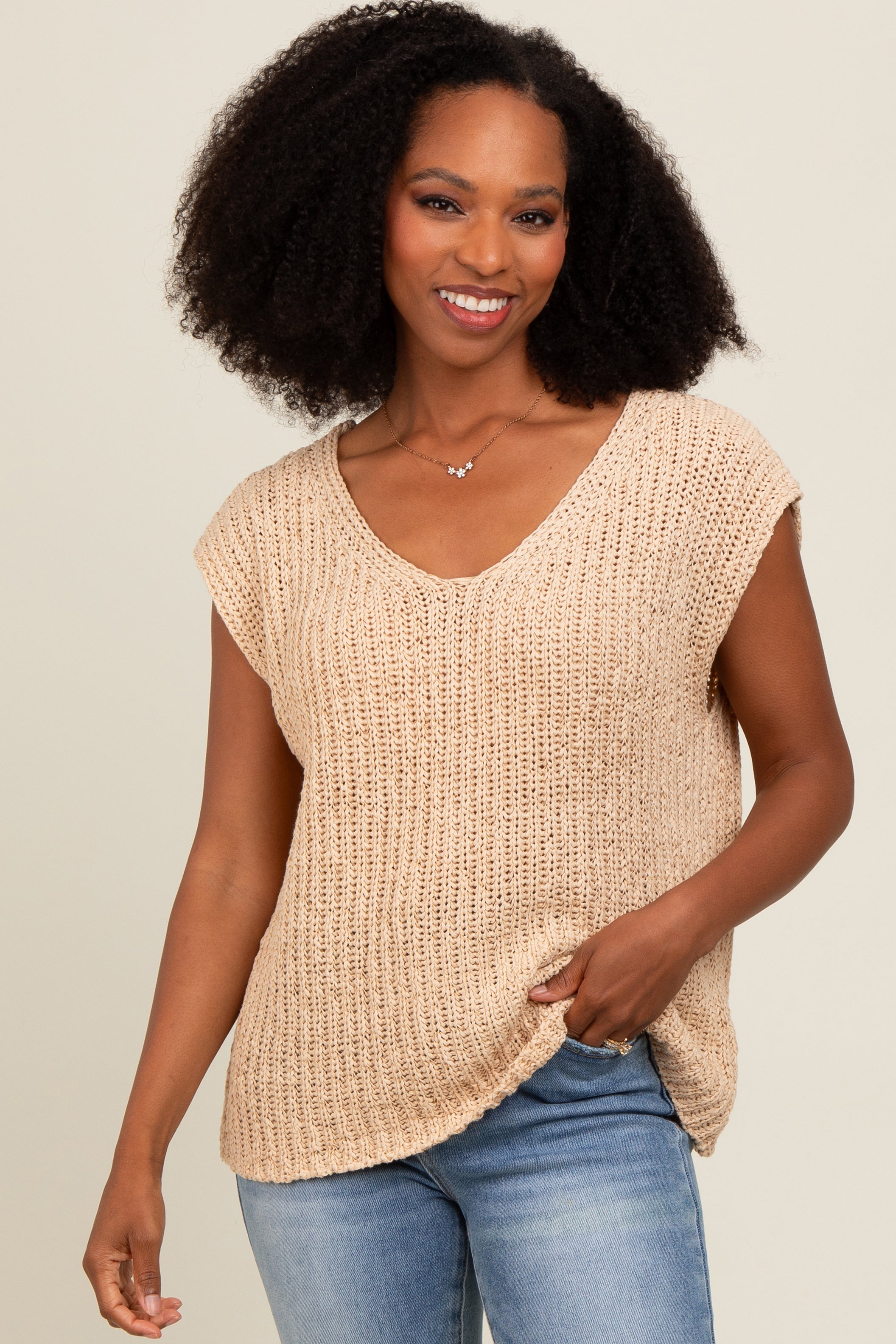 Beige Sleeveless Chunky Knit Maternity Top for Women - Soft Comfortable Pregnancy Shirt for Summer, Nursing & Casual Wear