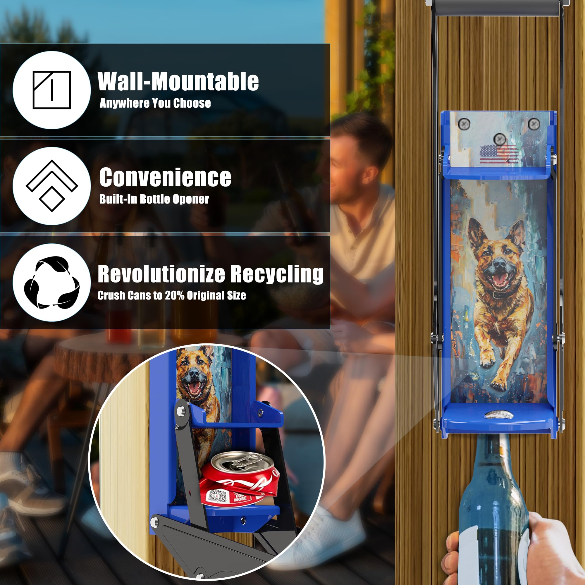 Wall Mounted Metal Can Crusher for Soda & Beer Cans - Heavy Duty Eco-Friendly Recycling Tool with Squirrel Art Stickers & Lubricant - Perfect for Home, Garage, RV & Outdoor Recycling Stations