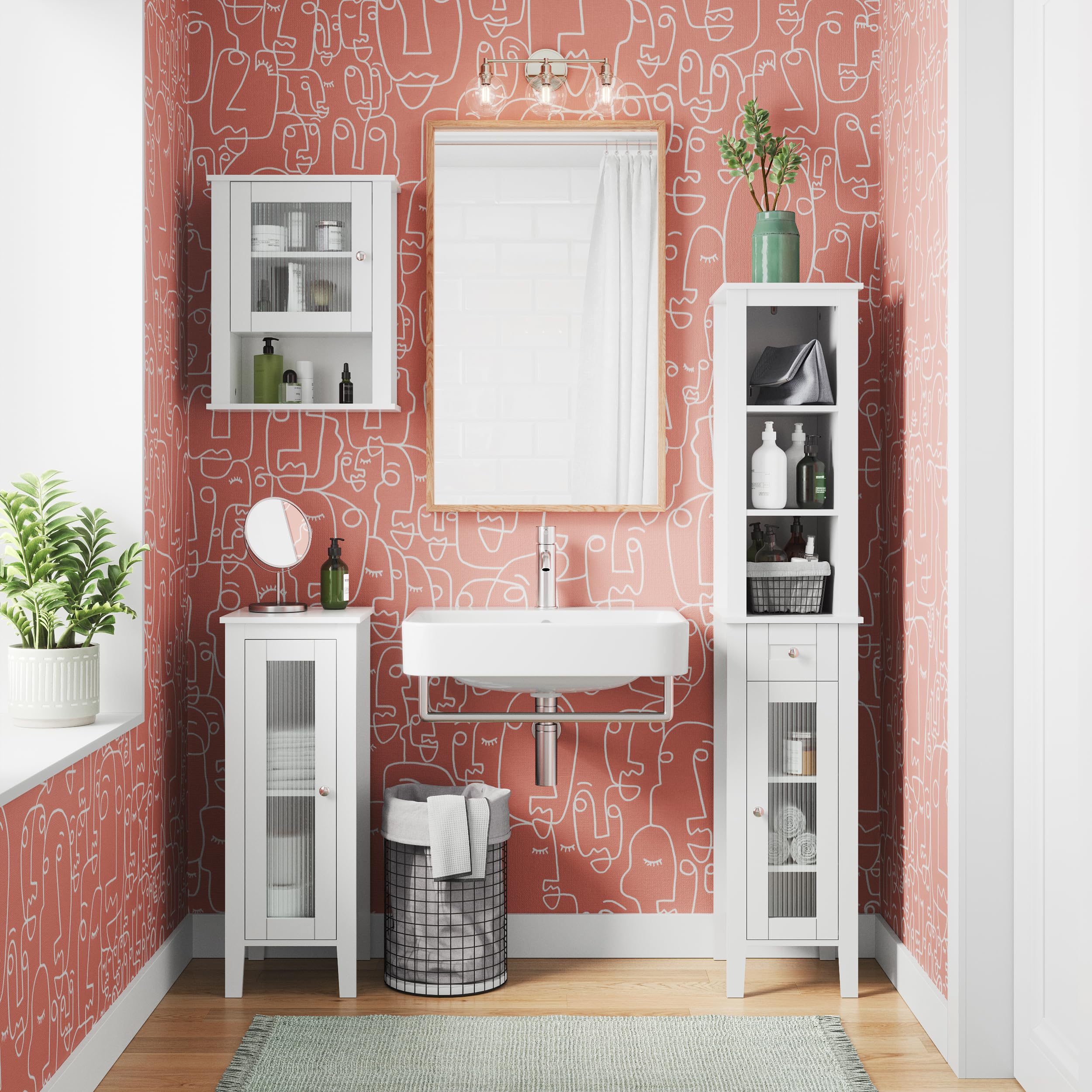 RiverRidge Prescott Tall Bathroom Storage Cabinet with Reeded Soft-Close Glass Door - 3 Open Shelves & Drawer - Slim Narrow Bathroom Vanity Organizer for Towels, Toiletries & Cosmetics - Perfect for Small Bathrooms, Powder Rooms & Apartment Living