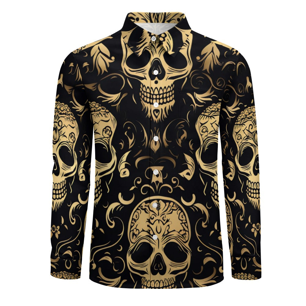 Big Skull Print Casual One Pocket Long Sleeve T-Shirt for Men - Gothic Streetwear & Rock Style Outfit