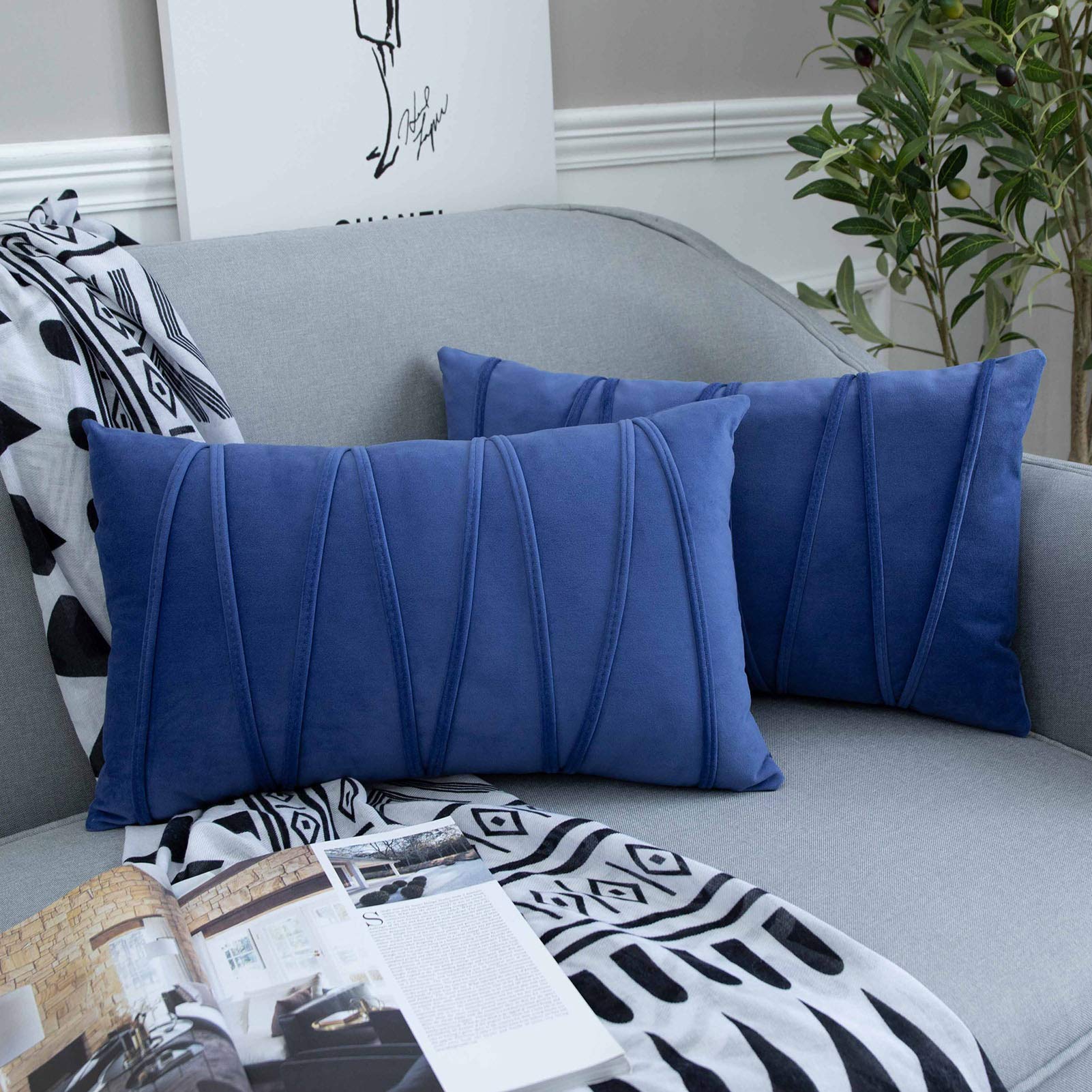 JUSPURBET Luxury Velvet Lumbar Throw Pillow Covers - Striped Soft Cushion Cases for Sofa, Couch & Bed (12x20 Inches, Purple Blue, Pack of 2) - Perfect for Living Room Decor, Home Styling & Cozy Comfort