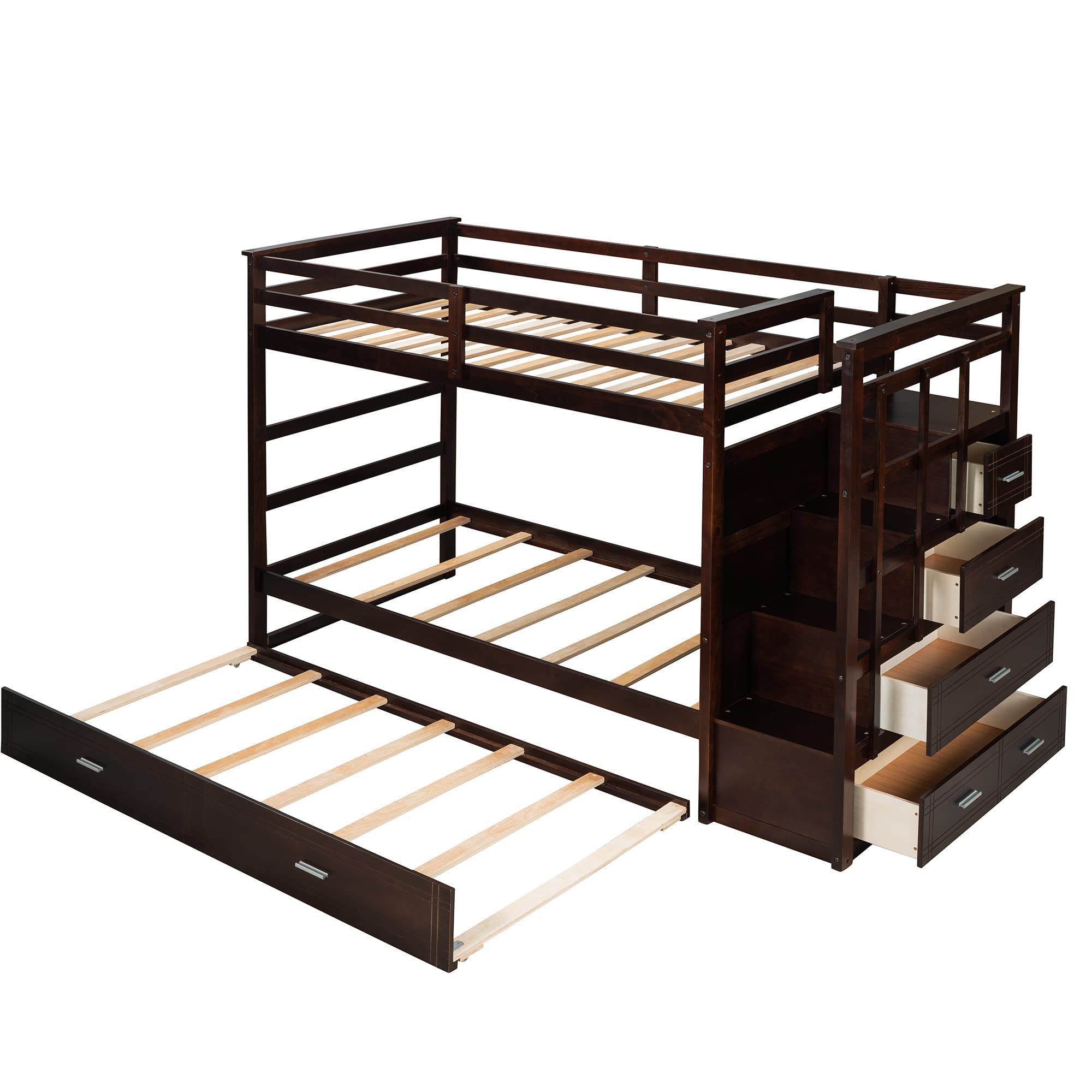 Twin Bunk Bed with Trundle & Storage Stairs - Solid Wood Frame for Kids' Bedroom