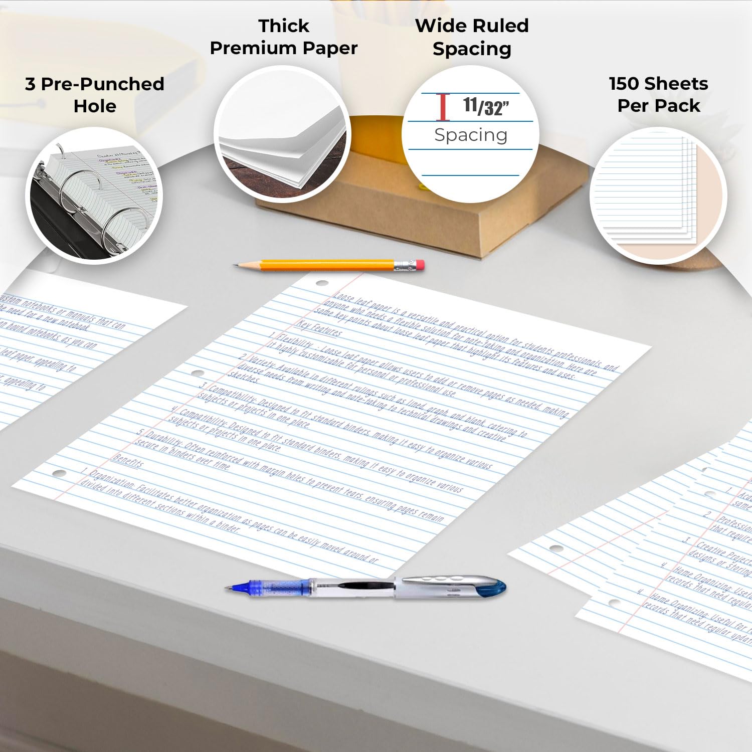 Premium Wide Ruled Loose Leaf Paper - 900 Sheets (6 Packs of 150) - 8