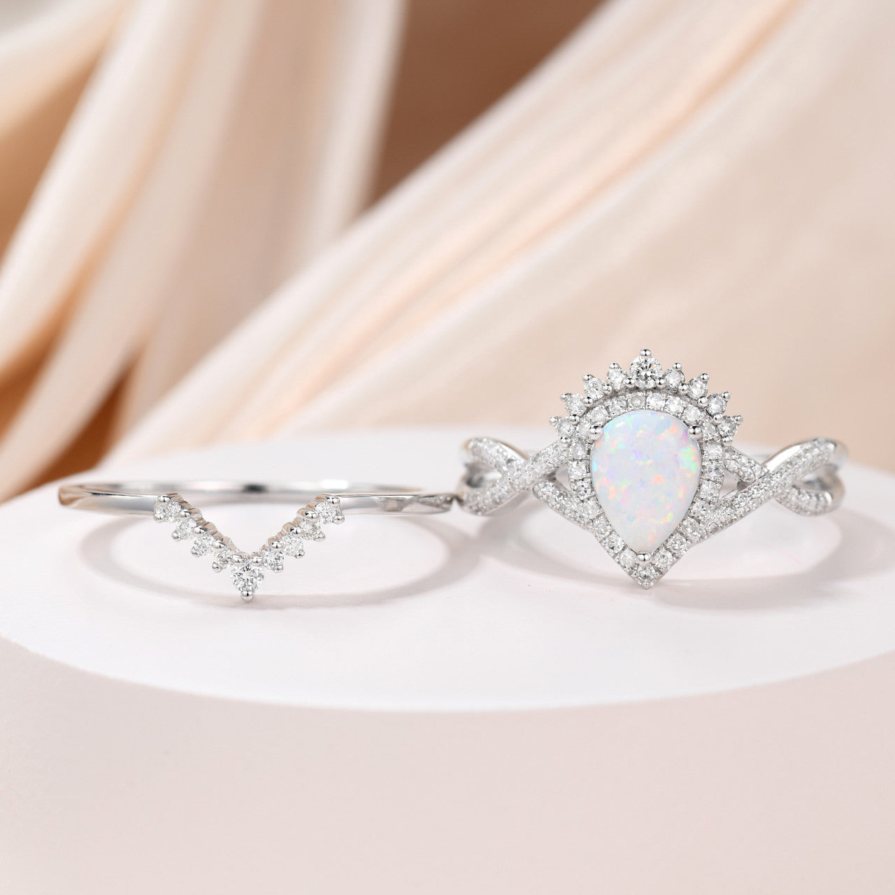 Vintage Opal Diamond Engagement Ring Set - 14K White Gold Pear Shaped Wedding Band for Women - Perfect for Proposals, Anniversaries & Bridal Jewelry