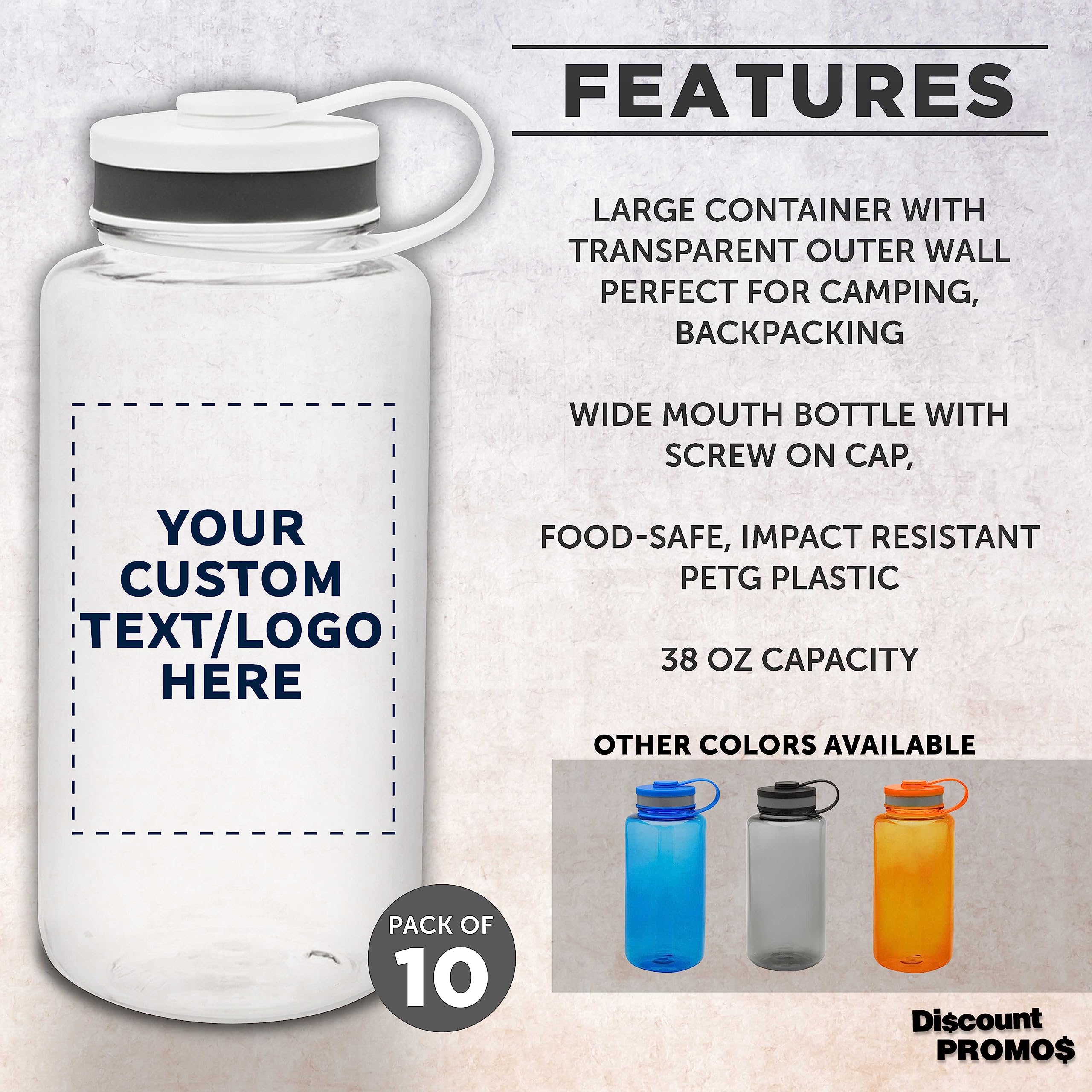 Custom 38oz Plastic Sports Water Bottles with Flip Lid - 10 Pack Bulk Personalized Promotional Water Bottles for Gym, Hiking, Cycling, Camping - BPA Free Clear Reusable Drinkware for Athletes, Students & Outdoor Enthusiasts