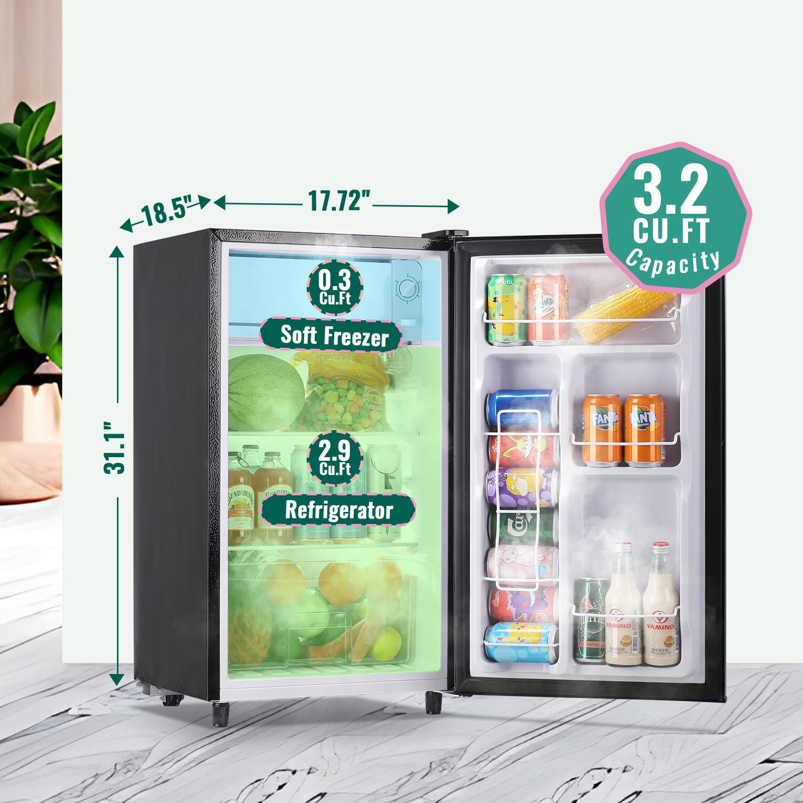 WANAI 3.2 Cu.Ft Compact Single Door Refrigerator with Freezer - 5 Adjustable Temperature Settings, LED Lighting & Removable Shelves - Perfect for Bedroom, Dorm, Office, Apartment (Silver) - Ideal for Small Spaces, Snack Storage & Beverage Cooling
