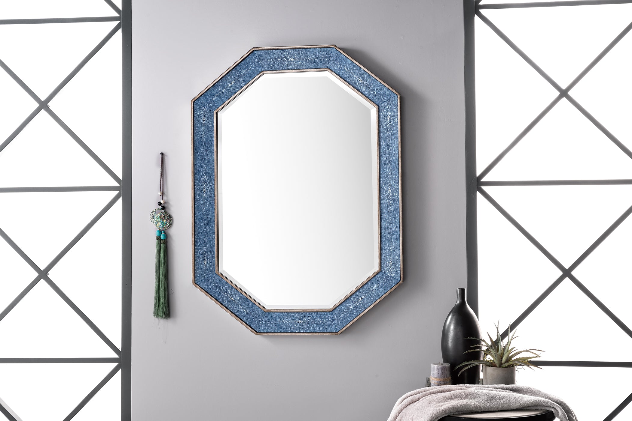 Tangent 30 Mirror in Silver with Delft Blue Design - Elegant Wall Decor for Living Room, Bedroom, or Entryway