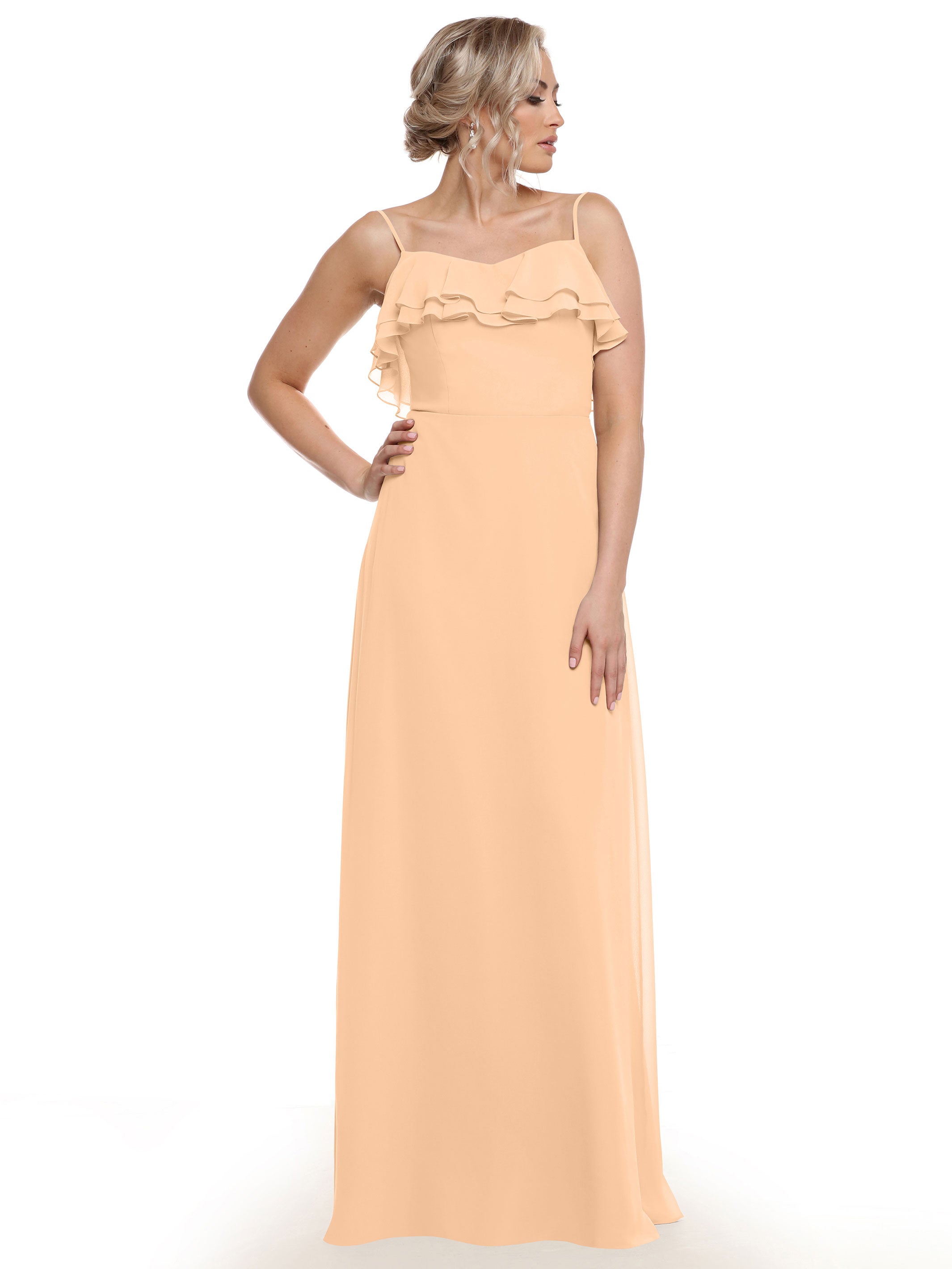 Elegant 80146 Sheath Chiffon Bridesmaid Dress with Ruffled Neckline - Perfect for Weddings, Formal Events & Special Occasions
