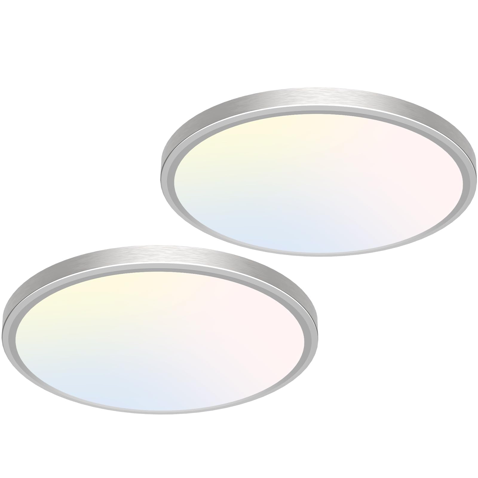 12 Inch Flush Mount LED Ceiling Light Fixture - 3000K/4000K/6500K Adjustable Color Temperature - 28W 3200lm Brushed Nickel Satin Round Ceiling Lamp - 2 Pack - Perfect for Bathroom, Hallway, Kitchen, Bedroom Lighting