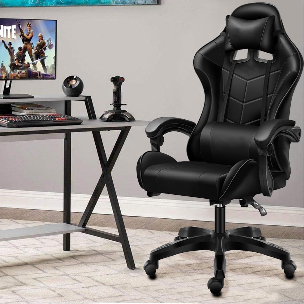 BAKAJI Ergonomic Gaming Chair - Faux Leather Office Chair with Adjustable Lumbar Support, 360° Swivel & Reclining Backrest - Height Adjustable with 5-Wheel Base (Black) - Perfect for Esports, Home Office & Computer Workstations