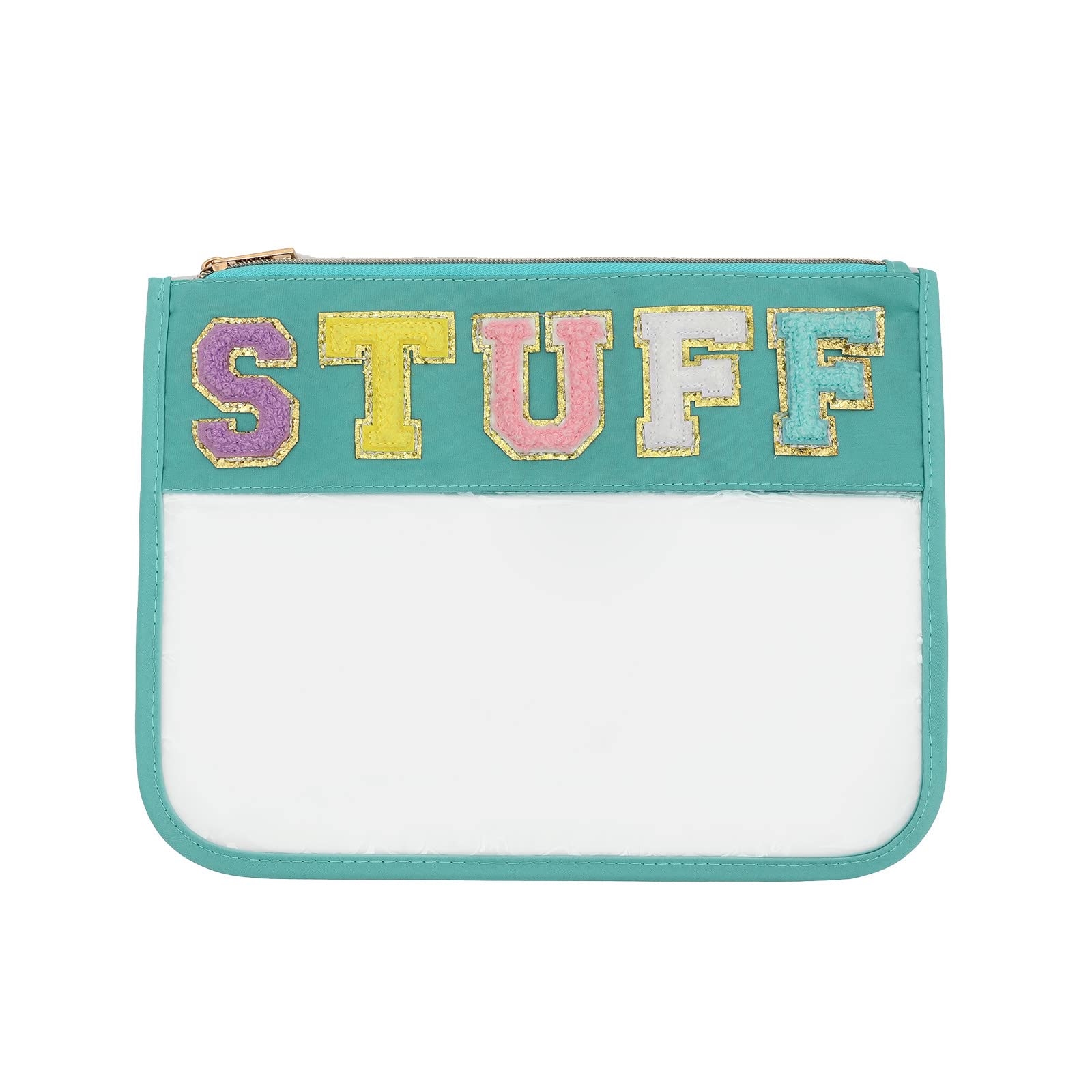 Chenille Letter Clear Flat Pouch - Multi-Purpose PVC & Nylon Cosmetic Bag with Zipper for Women & Kids | Waterproof Travel Makeup Organizer for Gym, Beach, School & Daily Use (Green)