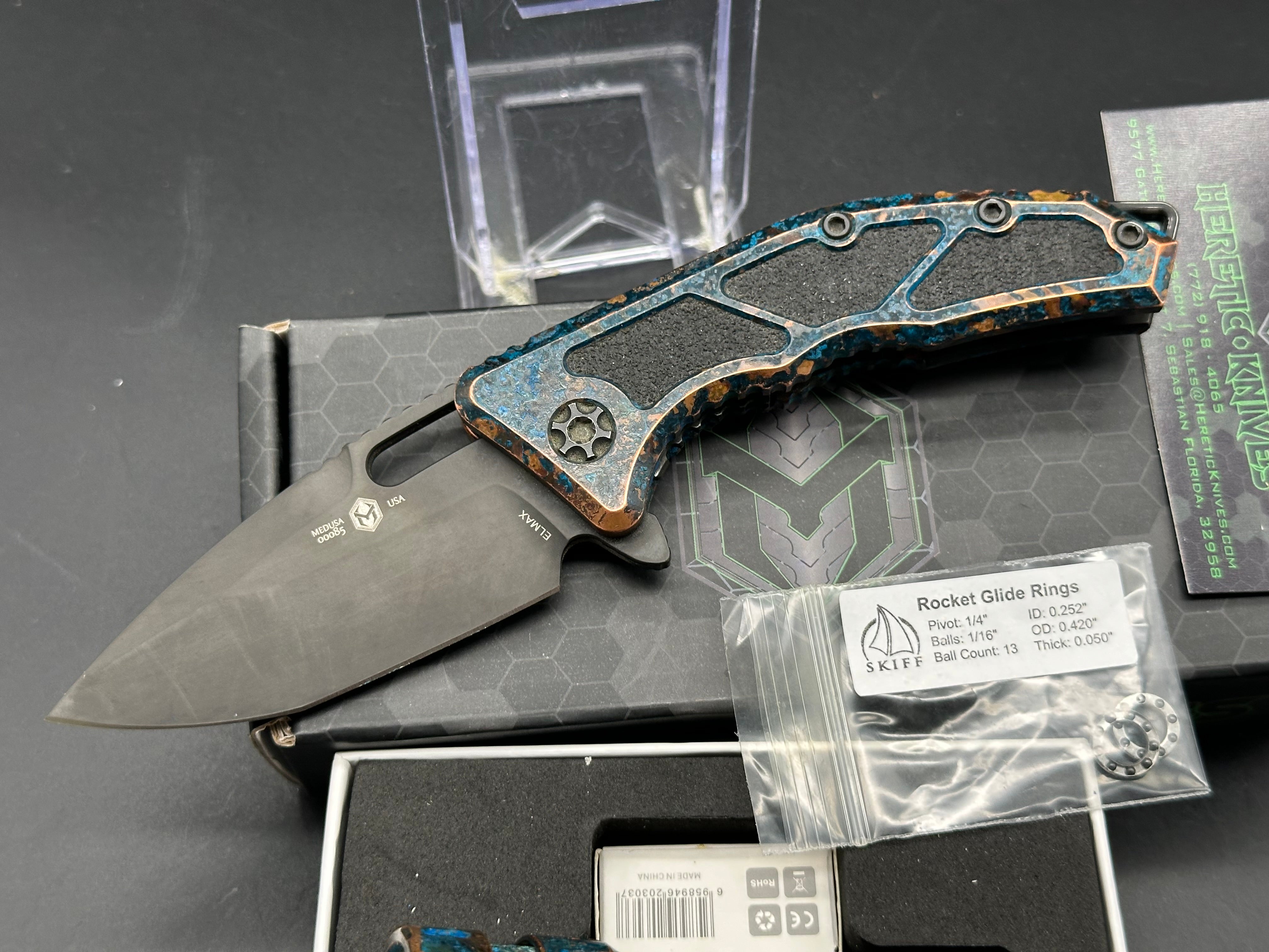 Heretic Knives Medusa Flipper Folding Knife & Mechforce Tactical Flashlight Set with Chemtina Finish - EDC Gear for Camping, Hiking, Survival and Outdoor Adventures