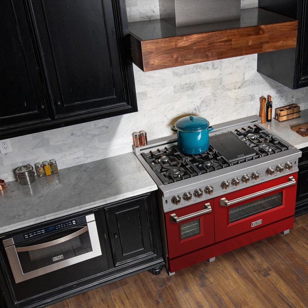 ZLINE 48-Inch 6.0 cu.ft Dual Fuel Range with 7-Burner Gas Cooktop & 2 Electric Ovens - Satin Stainless Steel & Red Gloss Doors (RAS RG 48) | Professional Kitchen Appliance for Home Chefs & Cooking Enthusiasts | Perfect for Baking, Roasting & Large Family Meals