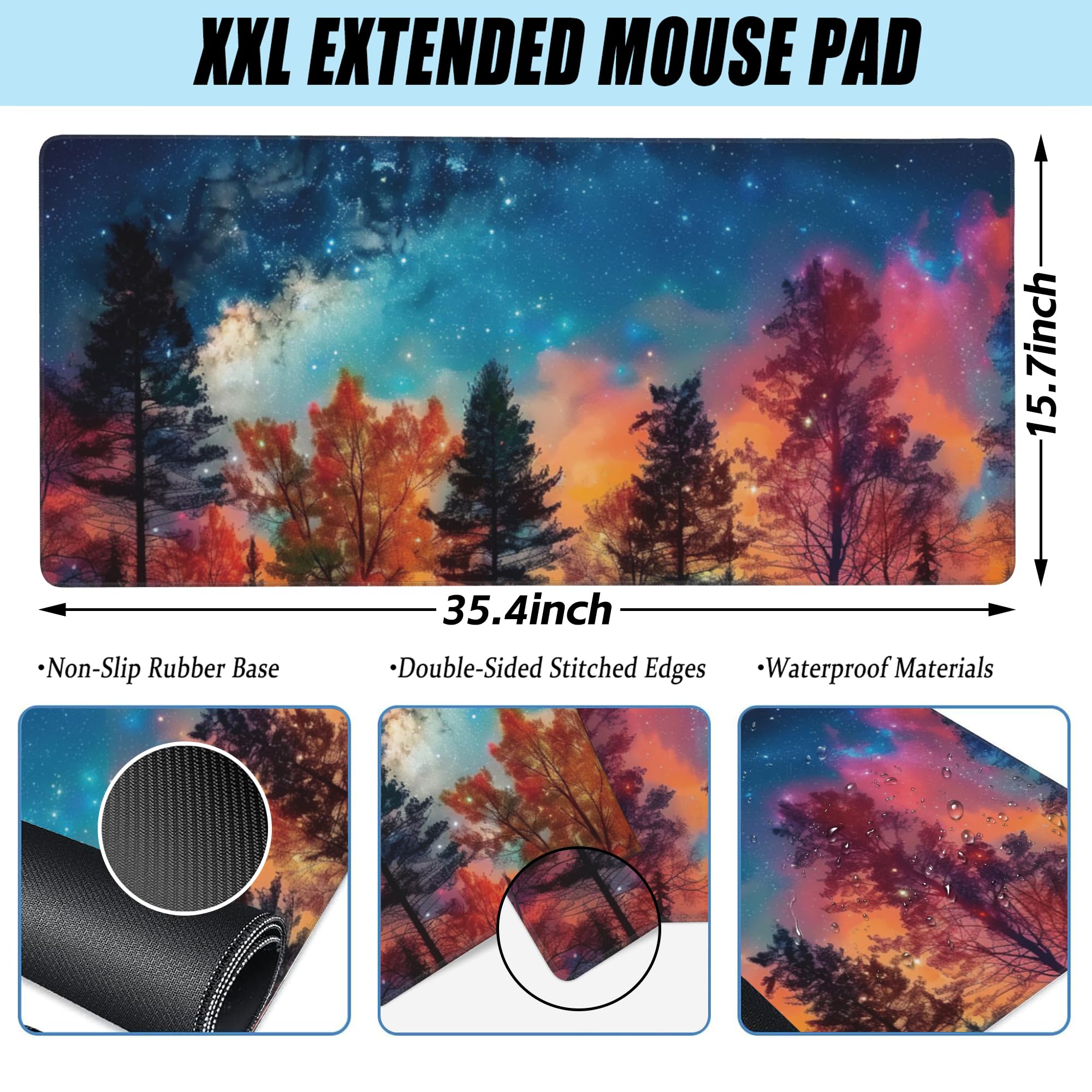 XXL Gaming Mouse Pad - Milky Way & Misty Forest Design, Non-Slip Rubber Base with Stitched Edges (35.4
