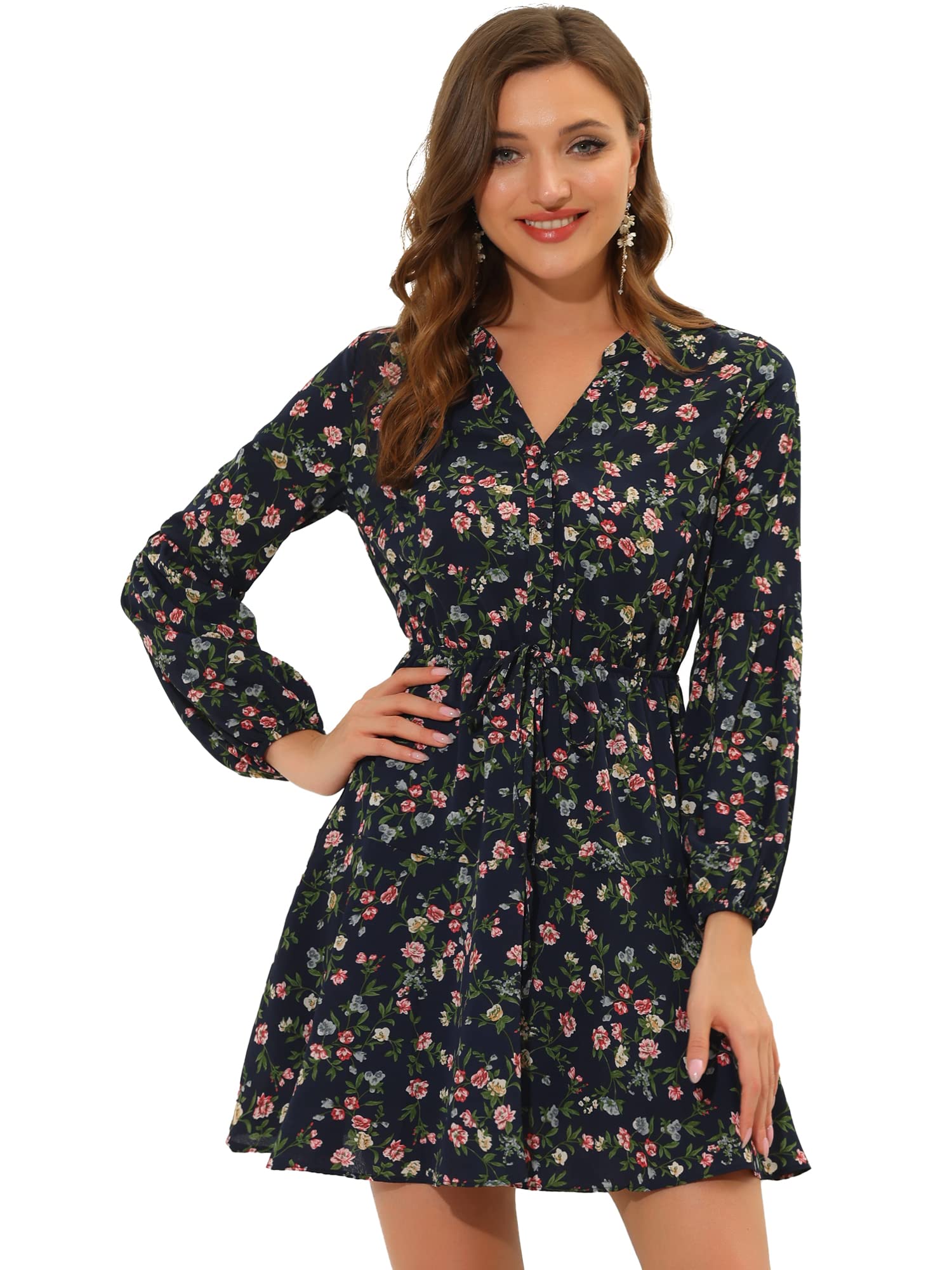 Allegra K Women's Vintage Floral Dress with Button Front & Tie Waist - Long Sleeve Flowy Midi Dress for Casual Wear, Office & Special Occasions