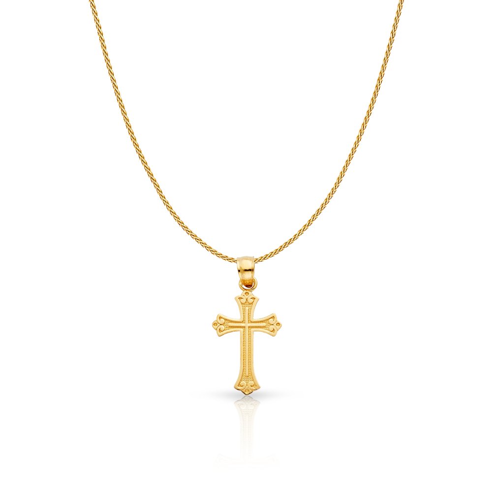 14K Yellow Gold Cross Charm Pendant with 0.9mm Wheat Chain Necklace - Elegant Religious Jewelry for Women, Perfect for Baptism, Confirmation, Christmas Gifts & Everyday Wear