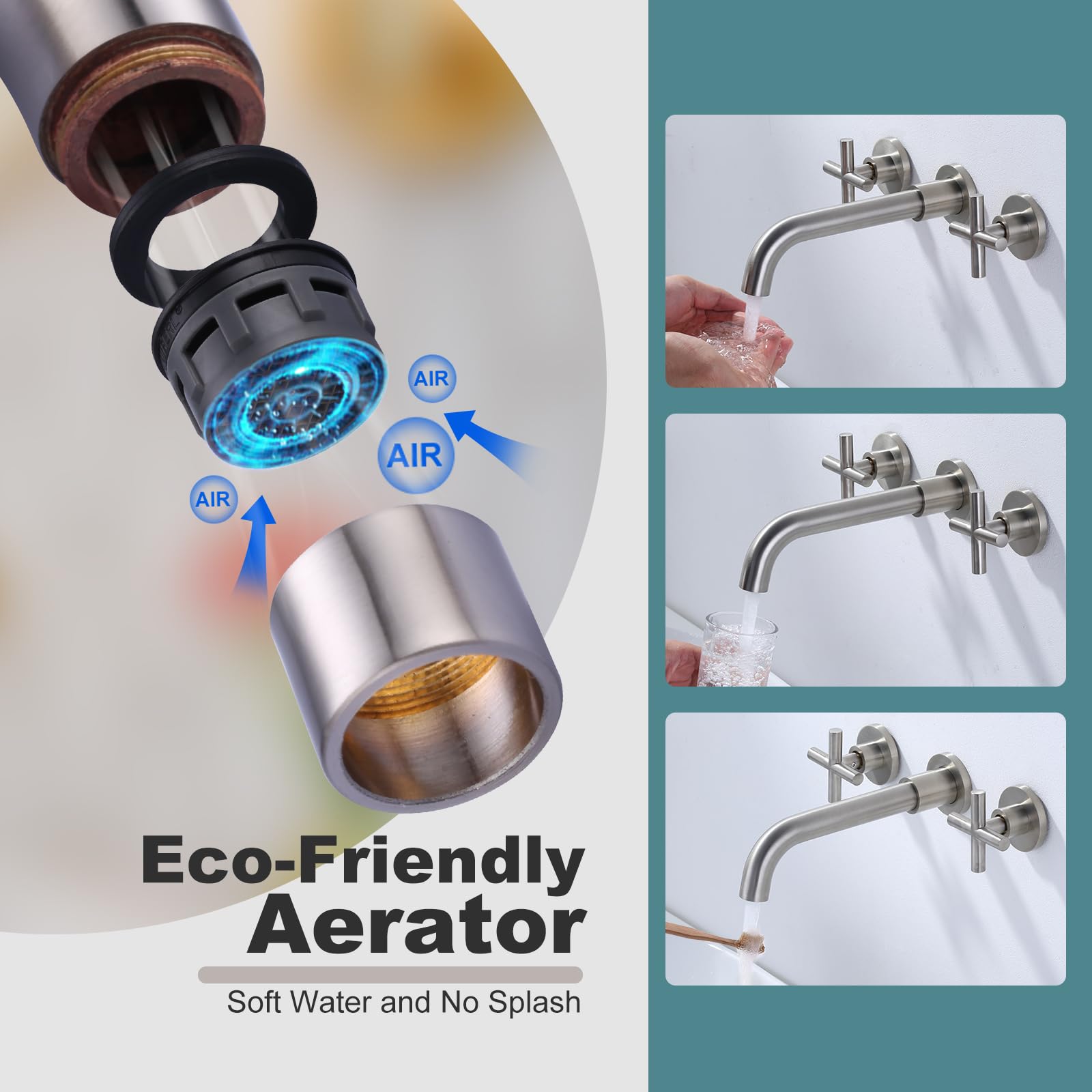 ARCORA Brushed Nickel Wall Mount Bathroom Faucet - 2 Handle Vessel Sink Faucet with Rough-in Valve - Perfect for Modern Bathrooms & Powder Rooms
