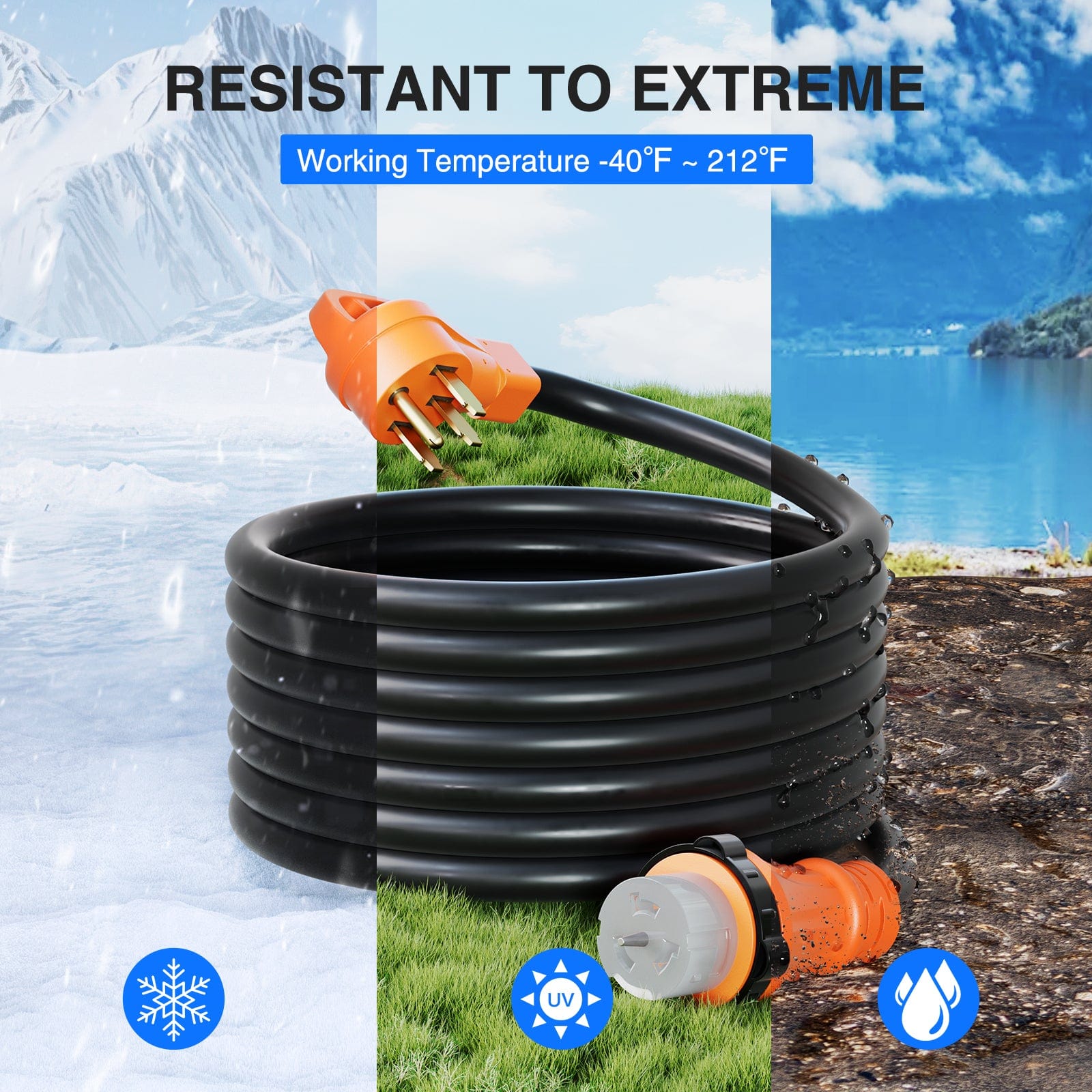 50A 15FT Heavy Duty Generator Extension Cord with Locking Connector - Weatherproof Power Inlet Box for RV, Camper & Home Backup Power Supply - Perfect for Outdoor Use, Emergency Power & Camping