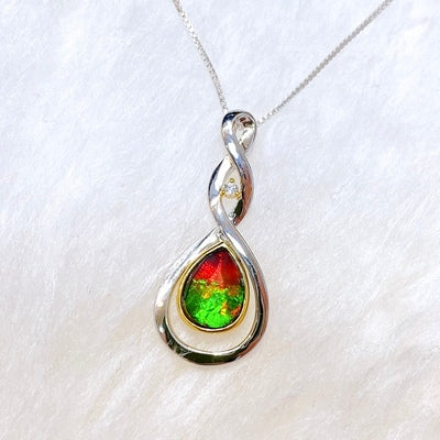 Natural Ammolite Pendant in Sterling Silver with White Sapphire Accents - Elegant Jewelry for Women, Gift for Her, Birthday & Anniversary Present