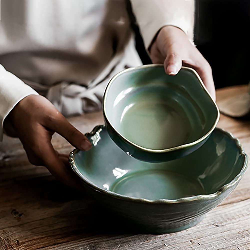 Premium 14-Piece Ceramic Dinnerware Set - Classic Retro Round Chip-Resistant Porcelain Plates & Bowls in Green, Service for 4 - Elegant Tableware for Everyday Dining & Entertaining
