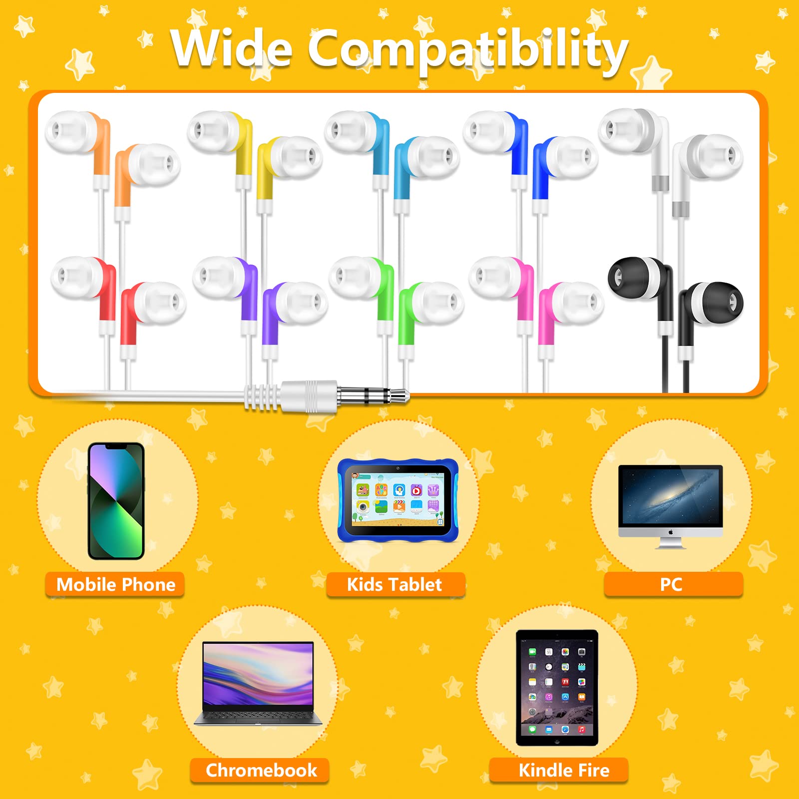 50 Pack Bulk Kids Earbuds - Colorful Individually Bagged Headphones for School, Classroom & Library Use - Wholesale Student Headphones for Learning & Study Sessions