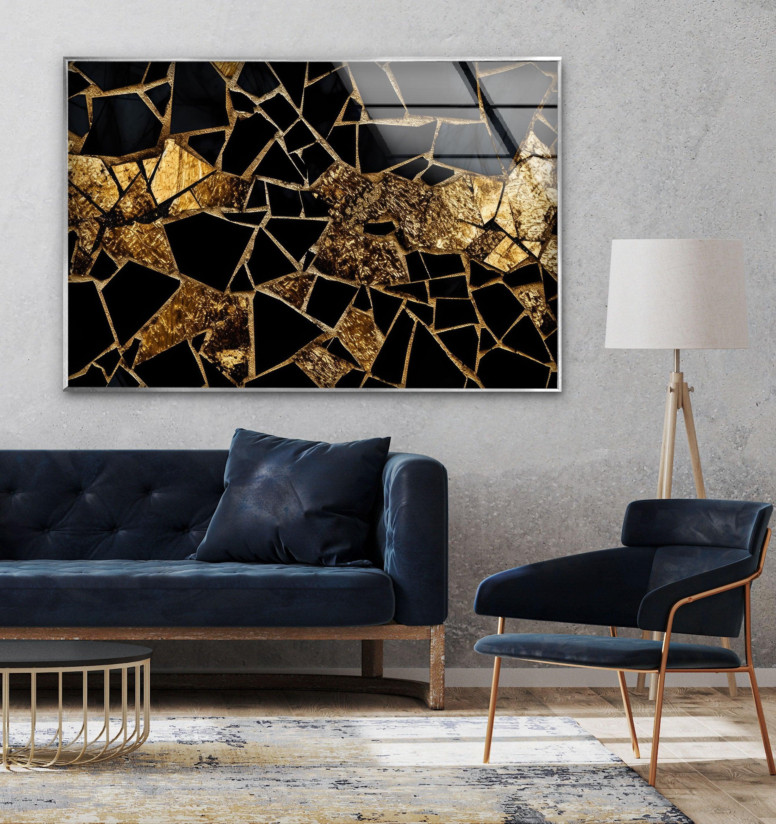Elegant Black and Gold Stained Glass Wall Art - Handcrafted Marble Mosaic Decor for Living Room, Bedroom, or Office - Perfect for Home & Interior Design
