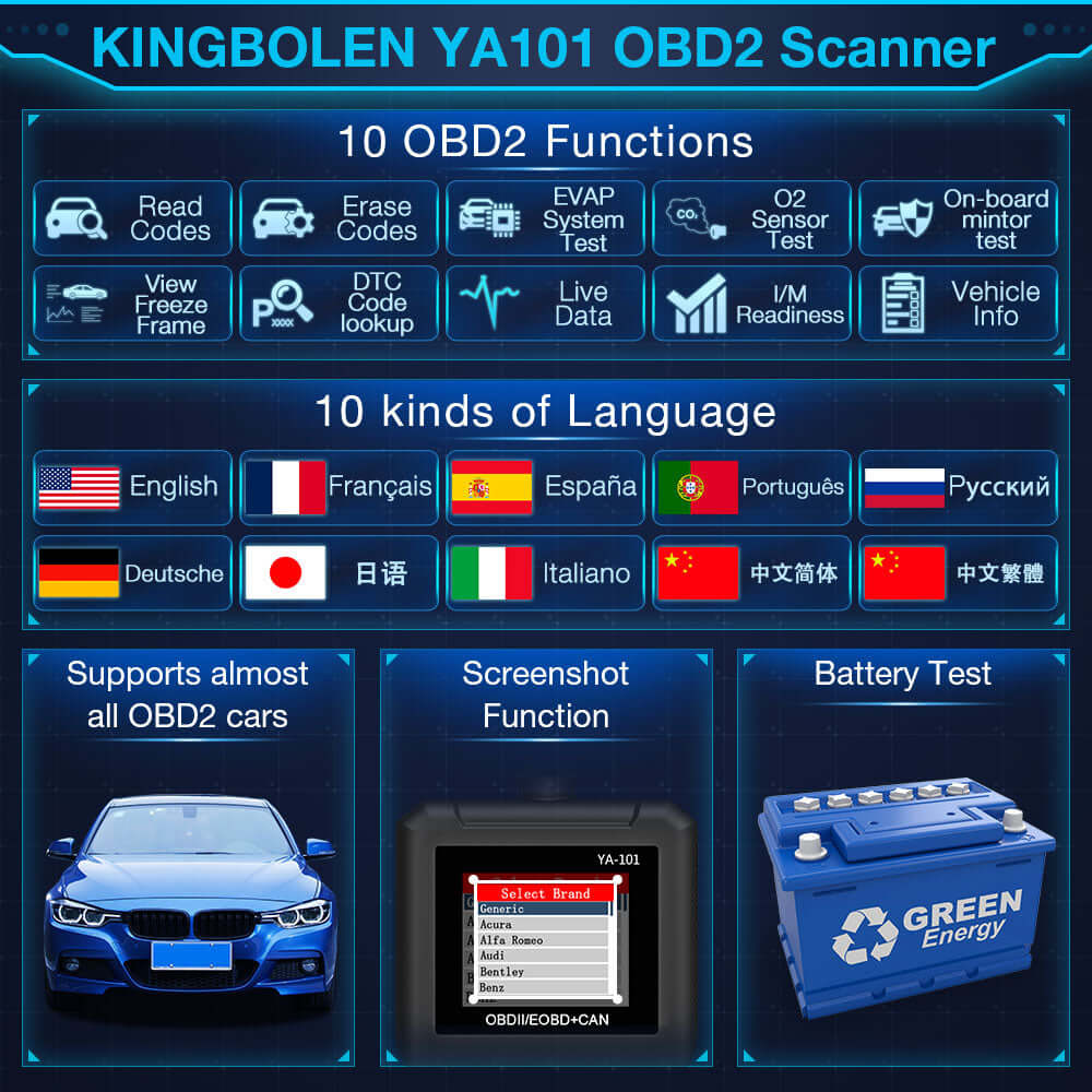 KINGBOLEN® YA101 OBD2 Scanner - Professional Car Diagnostic Tool for Check Engine Light, Read & Clear Fault Codes - Perfect for DIY Auto Repair & Vehicle Maintenance