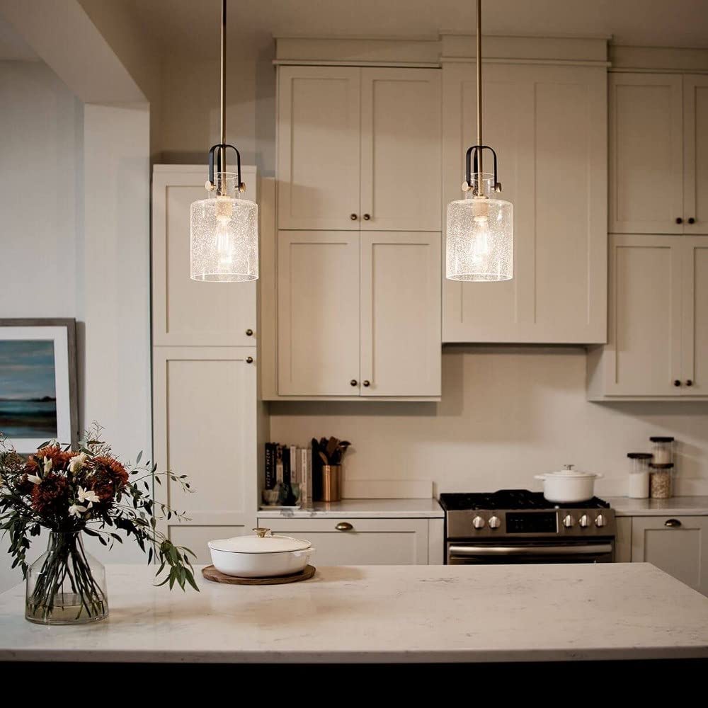 1 Light Contemporary Pendant Light Fixture with Clear Seeded Glass & Antique Copper Finish - Modern Dining Room, Kitchen Island or Entryway Lighting