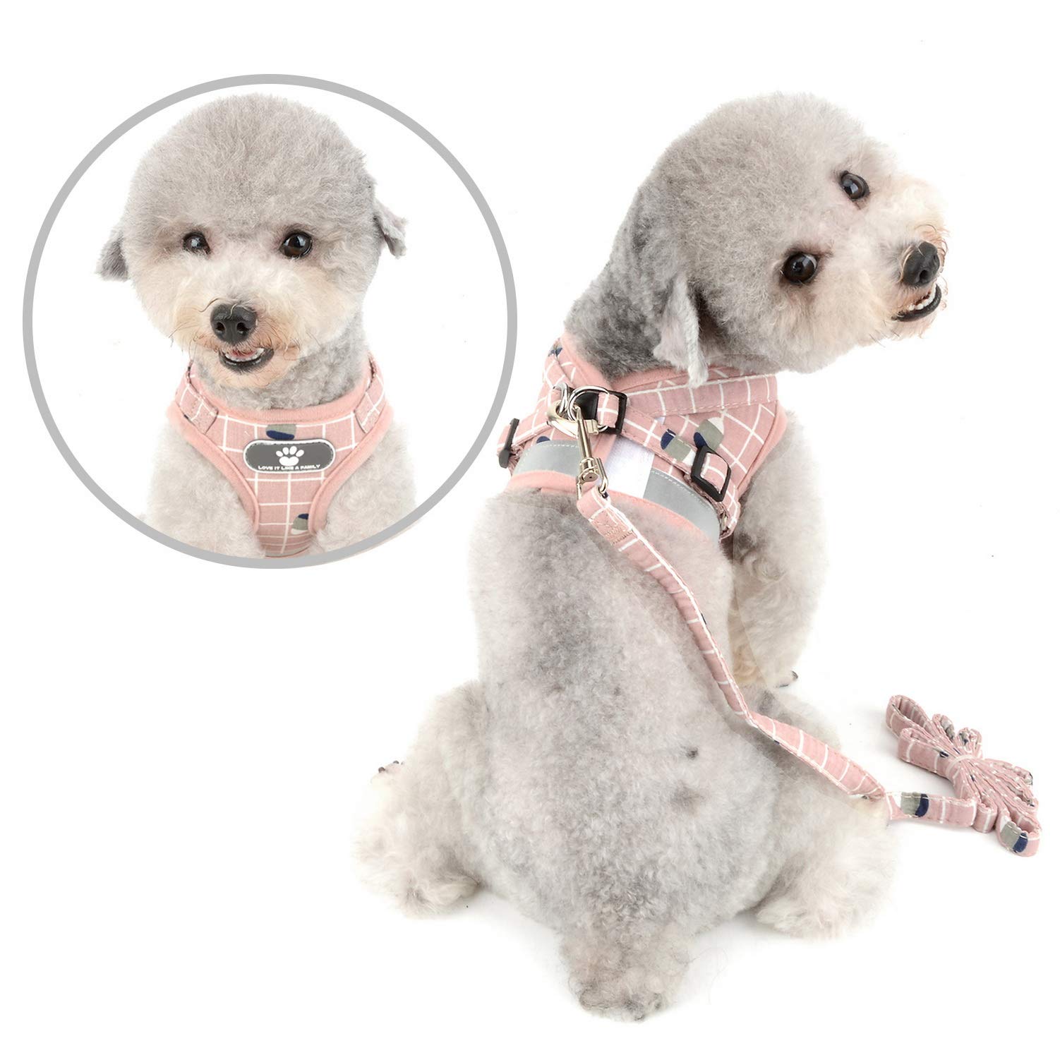 SELMAI Reflective Mesh Padded No-Pull Dog Harness & Leash Set - Escape Proof Step-in Vest for Small Dogs & Puppies - Plaid Design in Pink XL - Perfect for Walking, Training & Outdoor Play