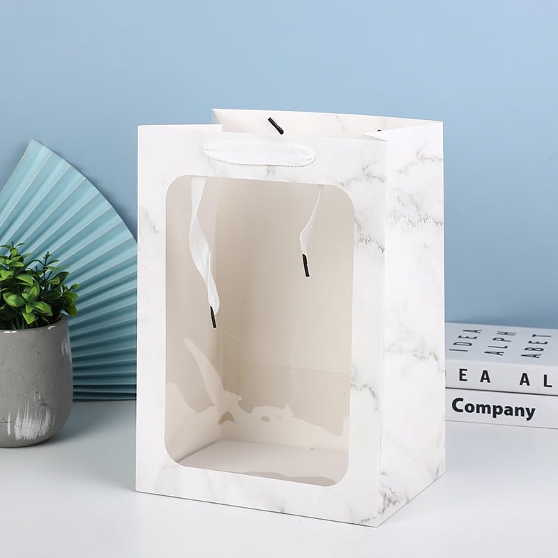 6-Piece Marble Print Transparent Gift Bags with Handles - Elegant Goodie Bags for Shopping, Weddings, Birthdays & Special Events | Perfect for Valentine's Gifts, Engagement Presents & Party Favors (White, Small)