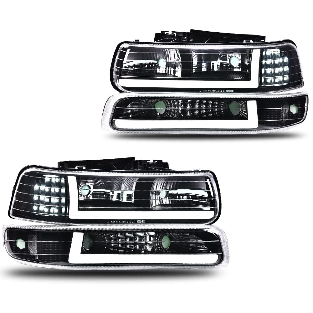 LED Headlight Assembly for Chevy Silverado 1999-2002 & Suburban Tahoe 2000-2006 - Clear Lens, Black Housing, Clear Reflector - Left & Right Pair - Upgrade for Night Driving & Off-Road Adventures