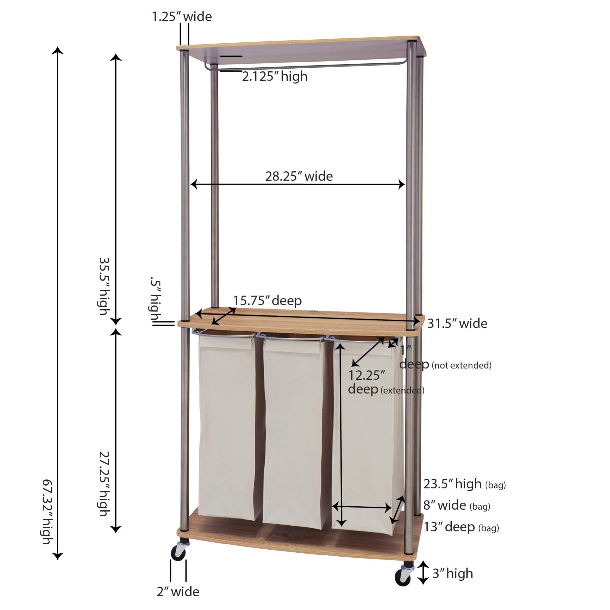 Modern 3-Bag Laundry Sorter with Light Ash Finish - Triple Compartment Laundry Hamper for Bedroom, Bathroom & Closet Organization - Natural Fabric Laundry Basket for Home Essentials