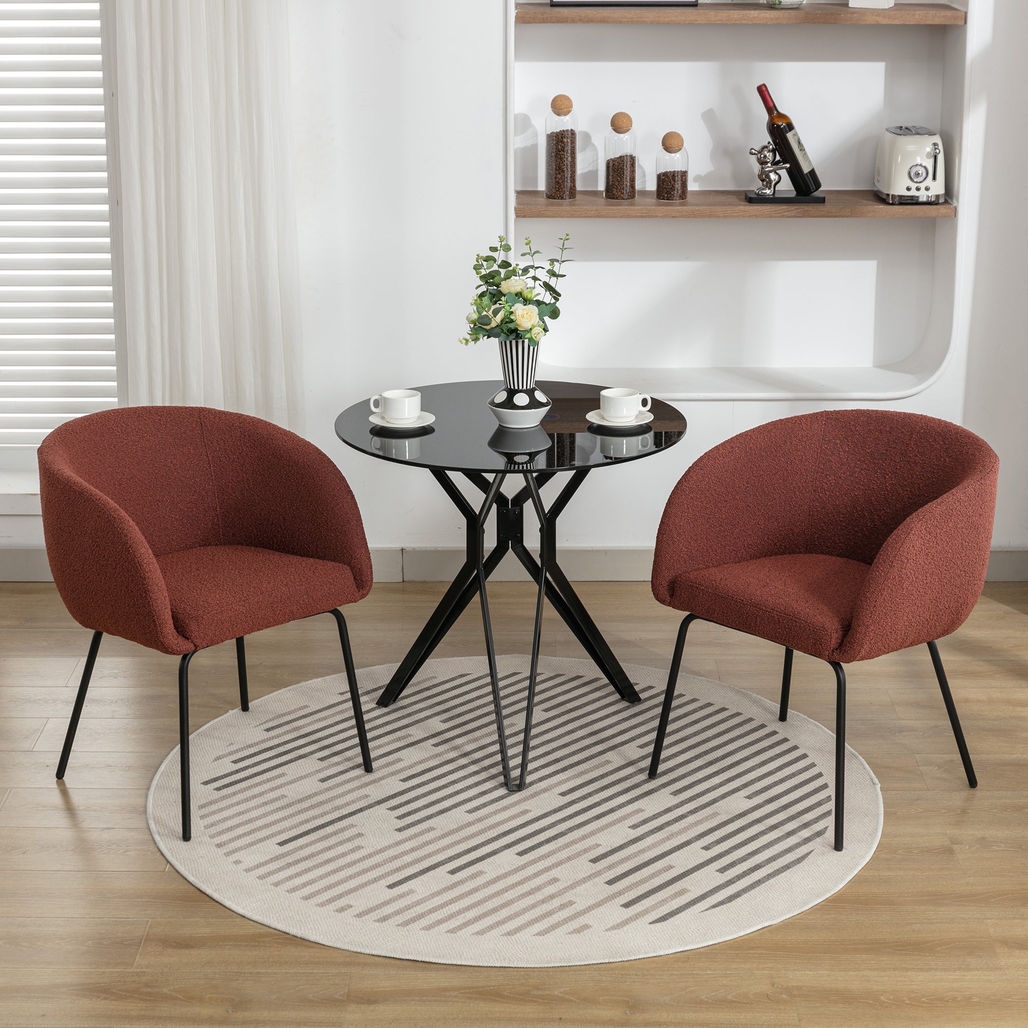 Set of 2 Modern Boucle Fabric Dining Chairs with Black Metal Legs - Wine Red Upholstered Accent Chairs for Kitchen, Dining Room or Breakfast Nook