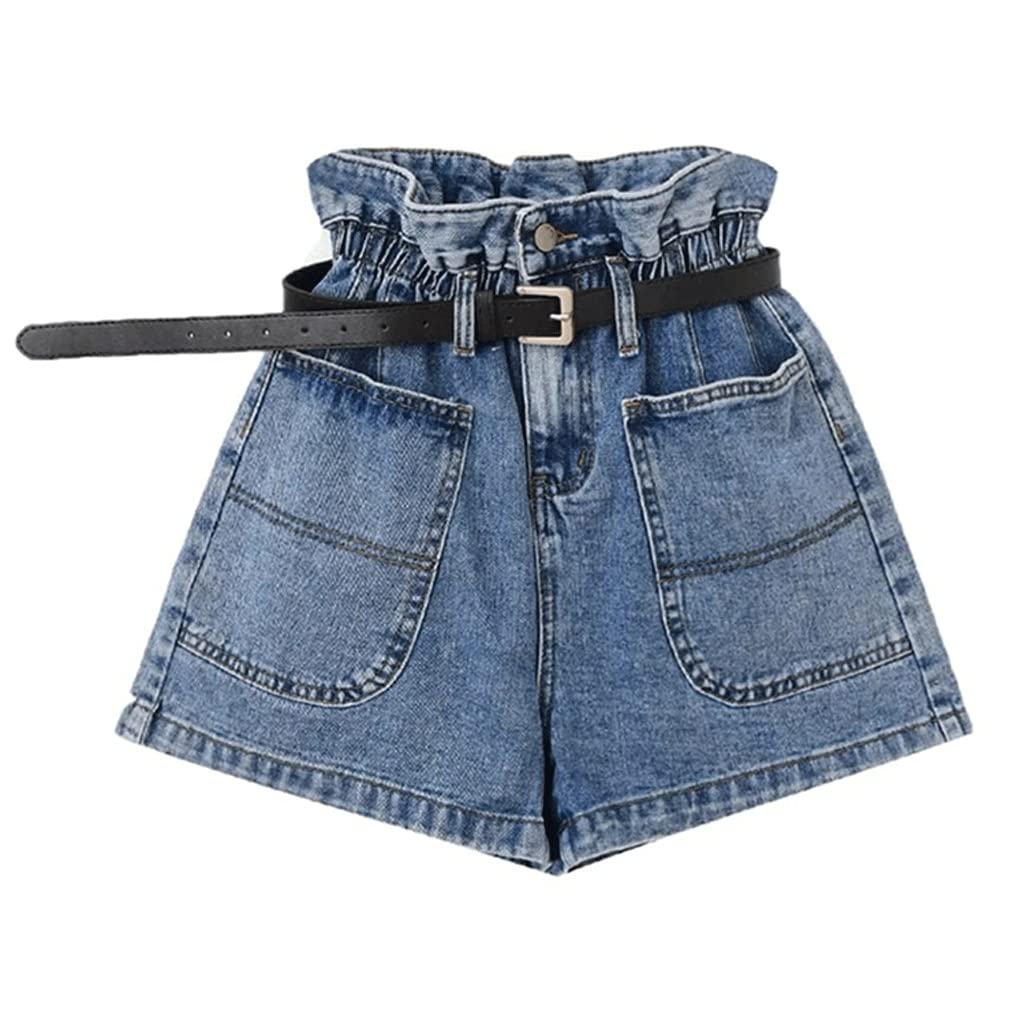 Women's High Waist Pleated Denim Shorts with Pockets - Stretchy Elastic Wide Leg Summer Shorts for Casual Wear, Beach, and Travel