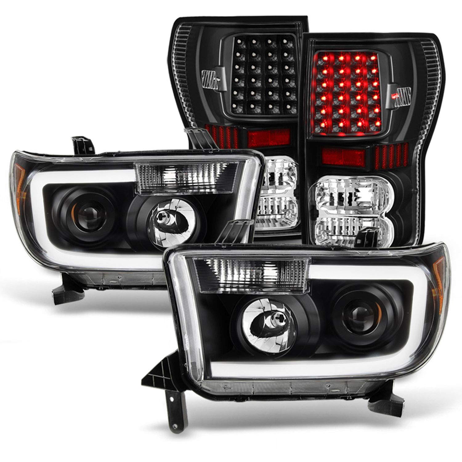 AKKON LED Headlights & Tail Lights for 2007-2013 Toyota Tundra - Black SMD LED Tube Projector Headlamps + Premium LED Brake Lights Pair (Left & Right) - Upgrade for Night Driving & Enhanced Visibility