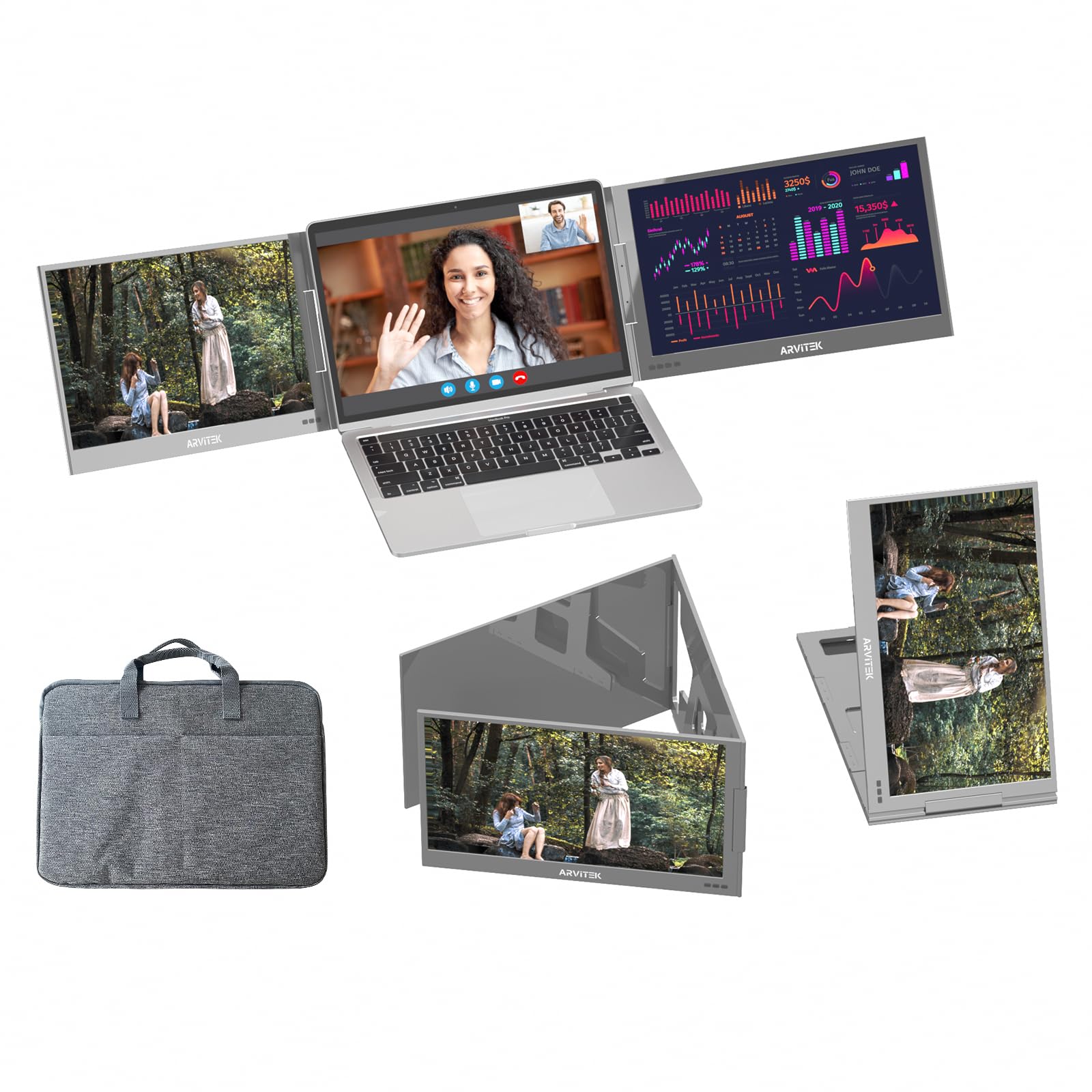 15.6 Inch Portable Laptop Screen Extender with Carrying Bag - 1080P USB-C Triple Monitor for Mac/Windows/Android - Adjustable Stand for 12-16 Inch Laptops - Perfect for Work, Gaming & Travel