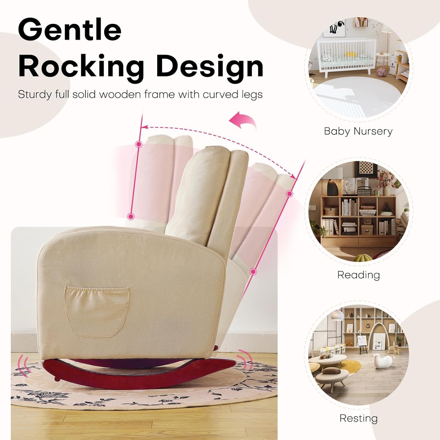Redlife Nursery Rocking Chair - High Back Linen Upholstered Glider Rocker with Side Pocket for Living Room, Bedroom, Nursery - Comfortable Indoor Rocking Chair for Nursing, Reading & Relaxation (Beige)