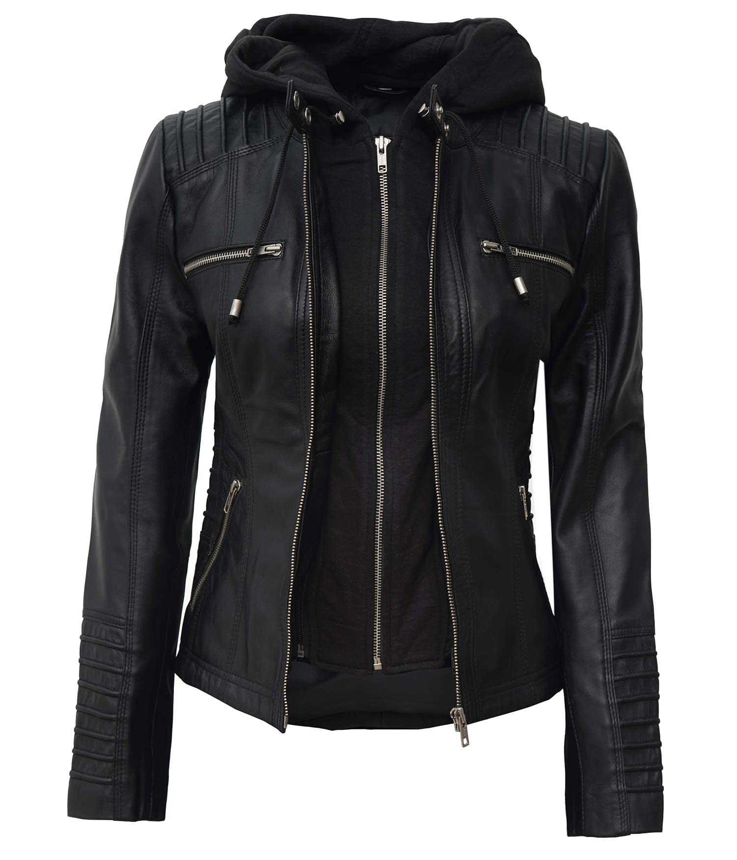 Genuine Lambskin Bomber Jacket for Women - Real Leather Jacket with Removable Hood | Stylish Outerwear for Casual Wear, Night Out & Fall Fashion