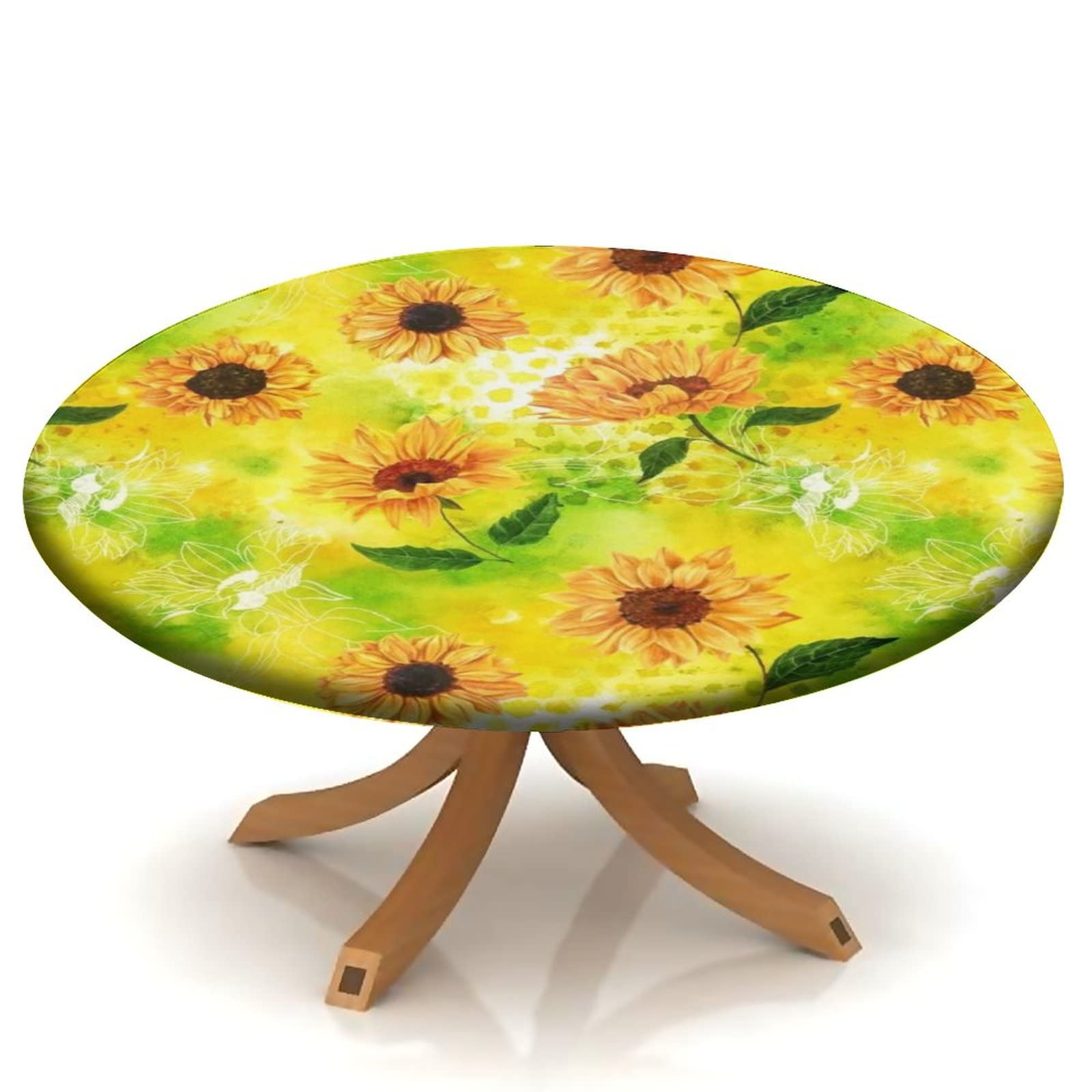 Yellow Sunflower Fitted Round Tablecloth with Green Leaf Pattern - Elastic Edge Table Cover for 32